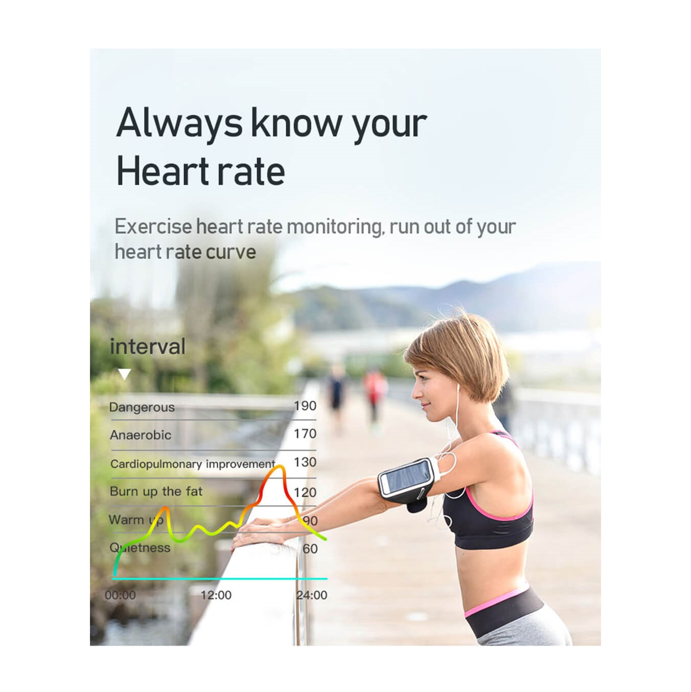 Kobieta z urządzeniem do śledzenia aktywności fizycznej, wykres pokazujący strefy tętna. Rozmyte tło.