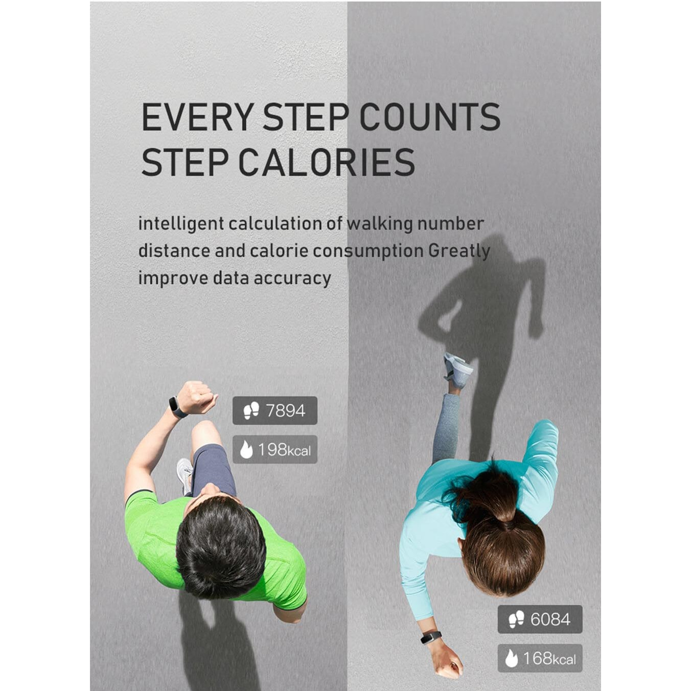 Obraz pokazuje dwie osoby idące, śledzące kroki i kalorie. Tekst: Każdy krok się liczy.