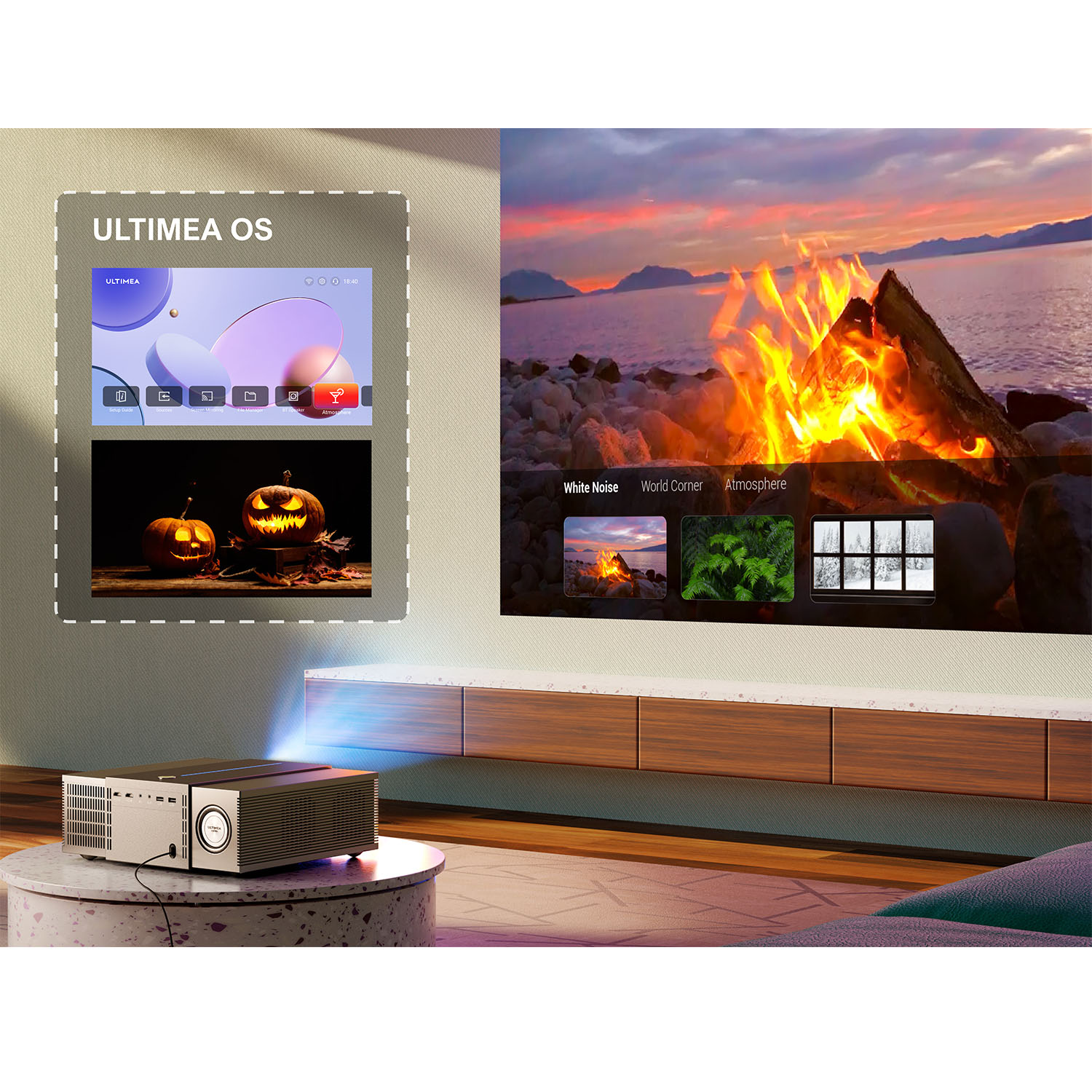 Un proyector sobre una mesa proyecta una imagen en una pared. La pared muestra una escena de fuego.