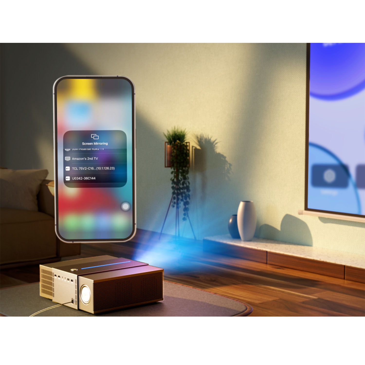 Un projecteur projetant sur un écran affichant une application de mise en miroir d'écran de téléphone.