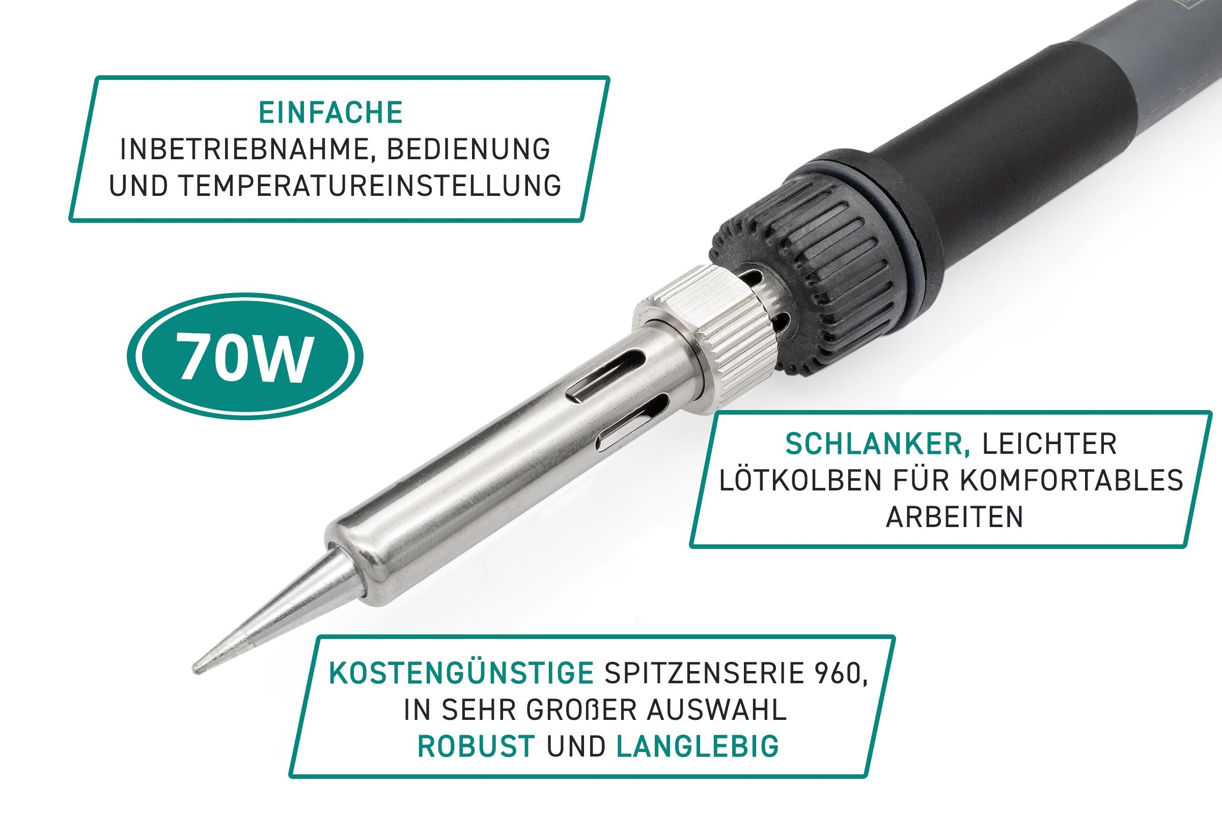 Lötkolben mit spitzer Spitze und Textetiketten. Der Hintergrund ist weiß.