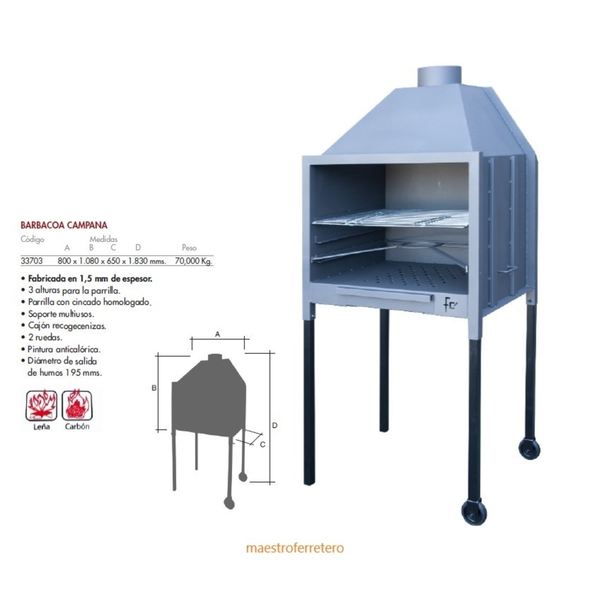Barbacoa metálica con chimenea y diagrama con medidas y texto.