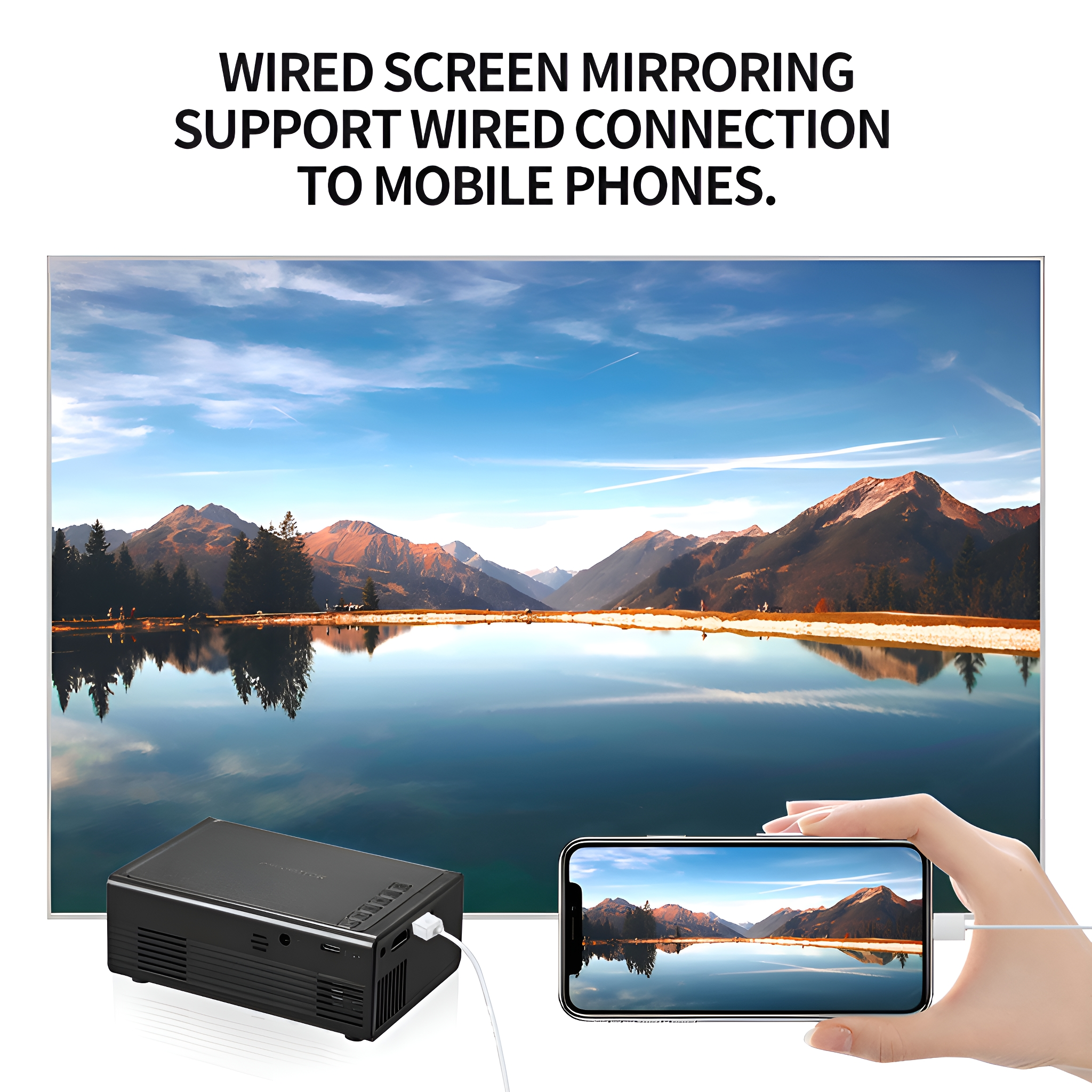 Ein Projektor, der mit einem Telefon verbunden ist und eine Landschaft zeigt. Text sagt, dass gespiegelt wird.