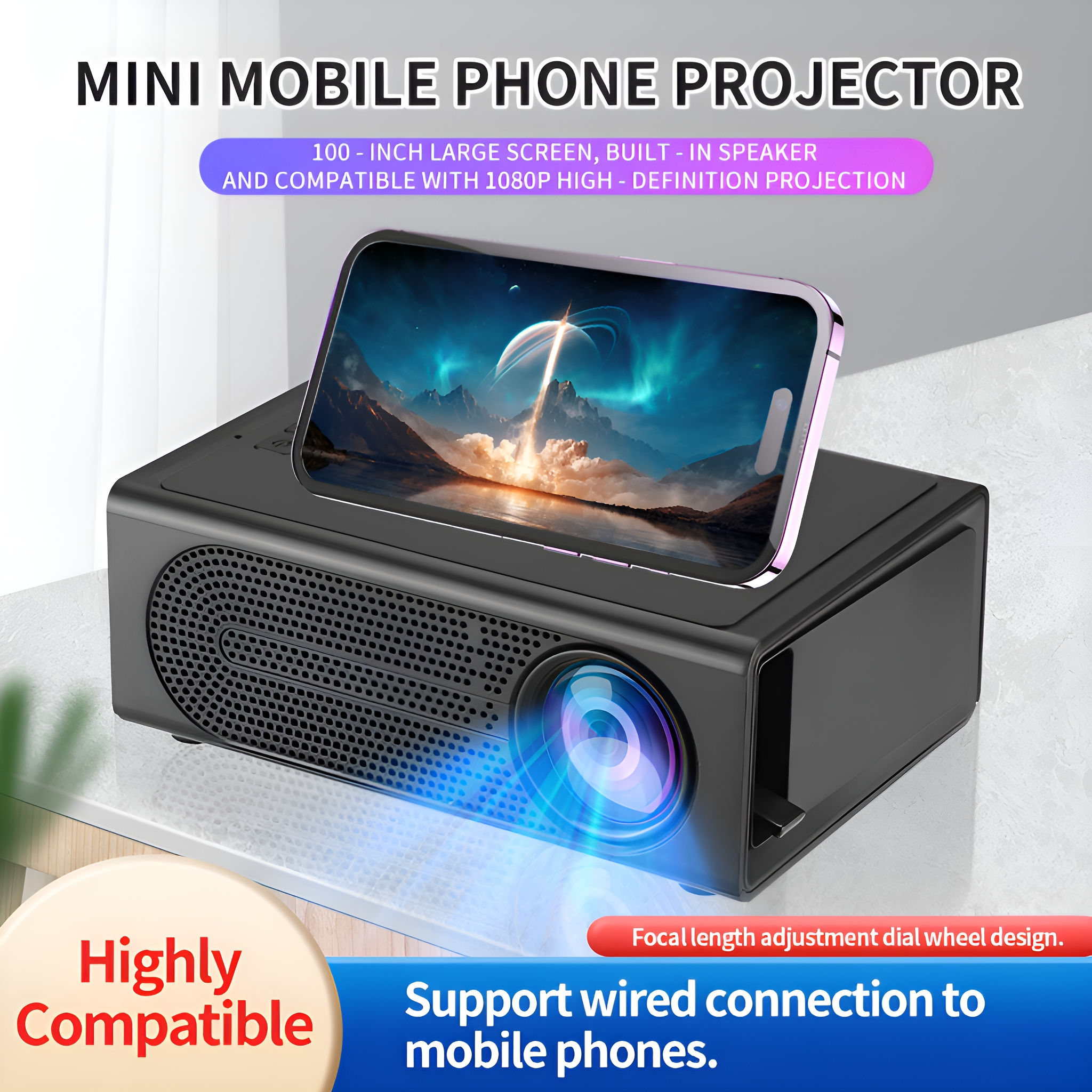 Ein schwarzer Projektor mit einem Telefon oben drauf. Text: MINI MOBILE PHONE PROJECTOR.