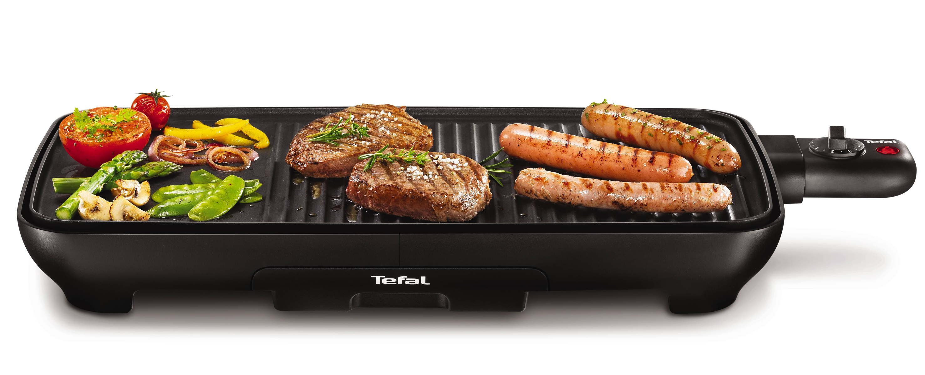 Parrilla negra con comida cocinada: filetes, salchichas, verduras. Fondo blanco. Logotipo Tefal.
