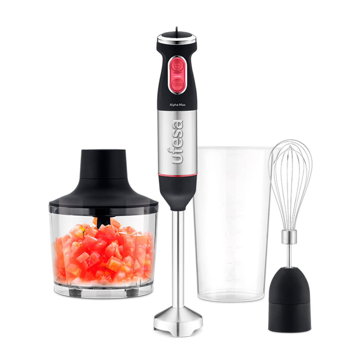 Una licuadora con un recipiente de tomates picados, un vaso y un batidor. Colores negro, plateado y rojo.