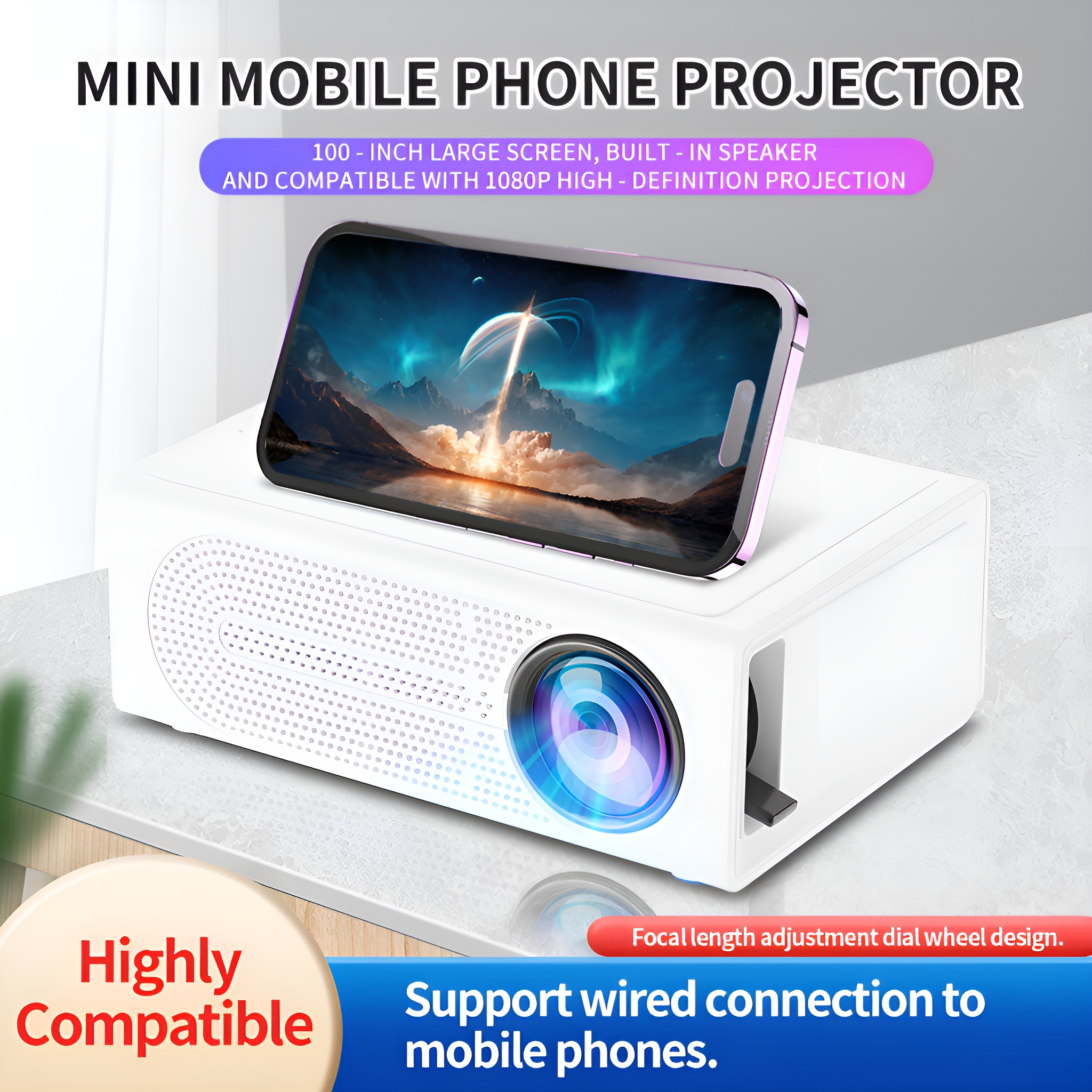 Weißer Projektor mit Telefon oben. Zeigt den Telefonbildschirm. Text: Mini Mobile Phone Projektor.