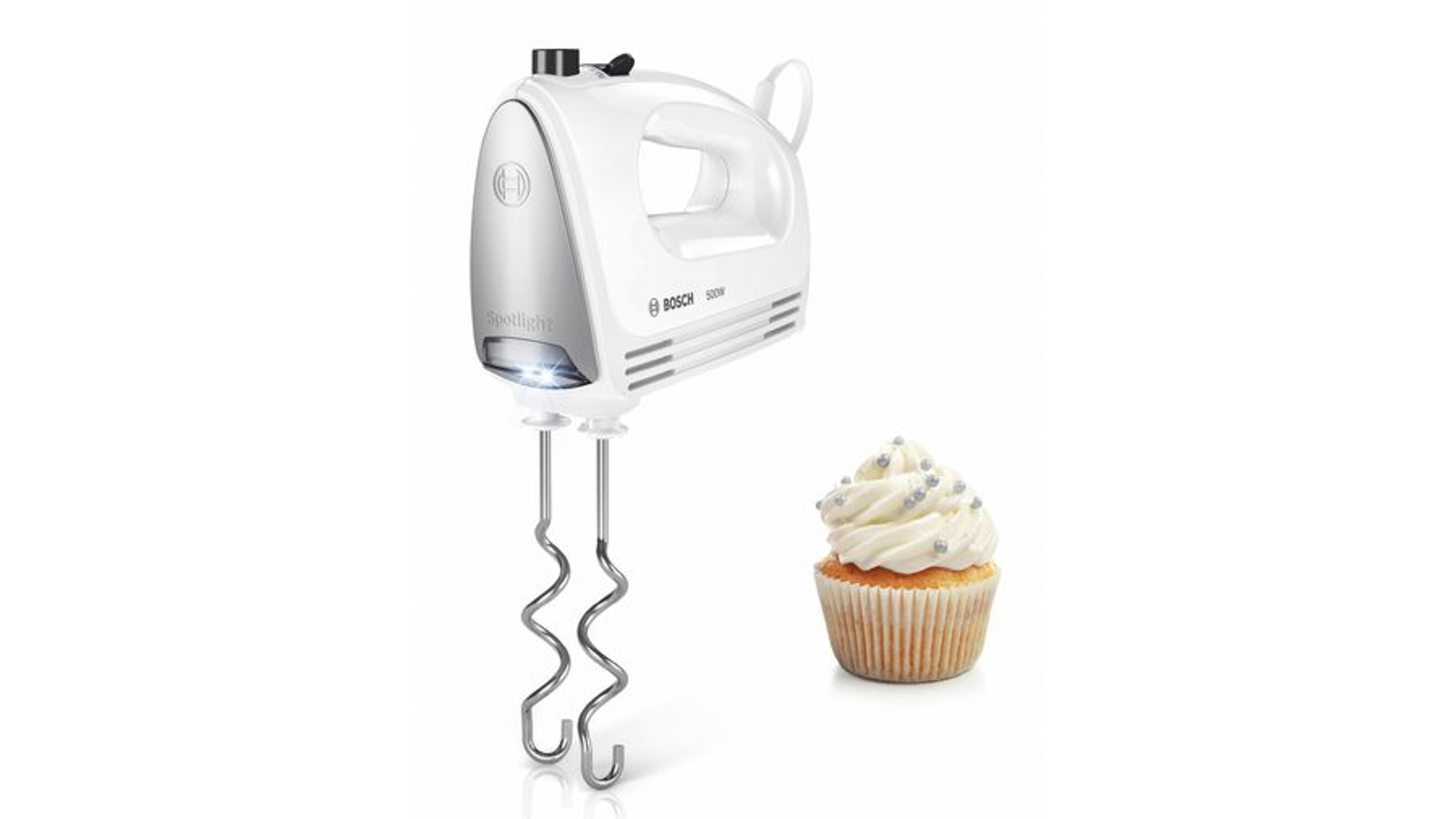 Weißer Handmixer mit Cupcake und Zuckerguss.