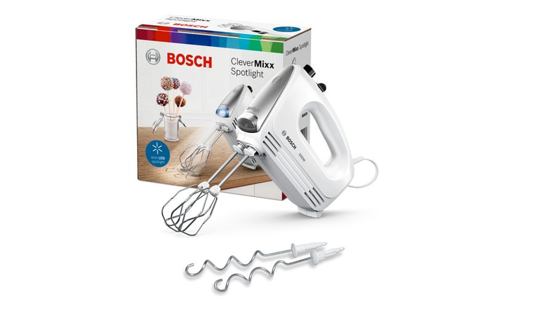 Weißer Bosch CleverMixx Handmixer, Karton im Hintergrund. Zwei Rührbesen unten.