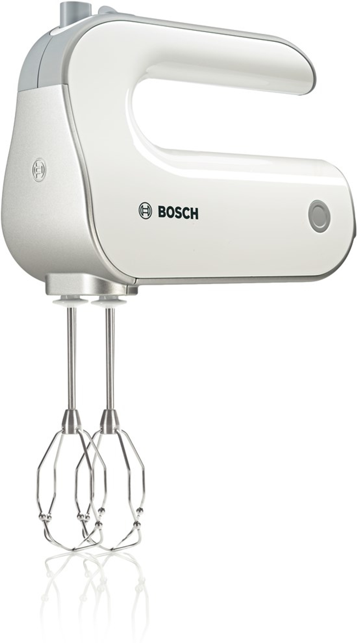 Frullatore a immersione bianco con fruste argentate. Il logo Bosch è visibile.
