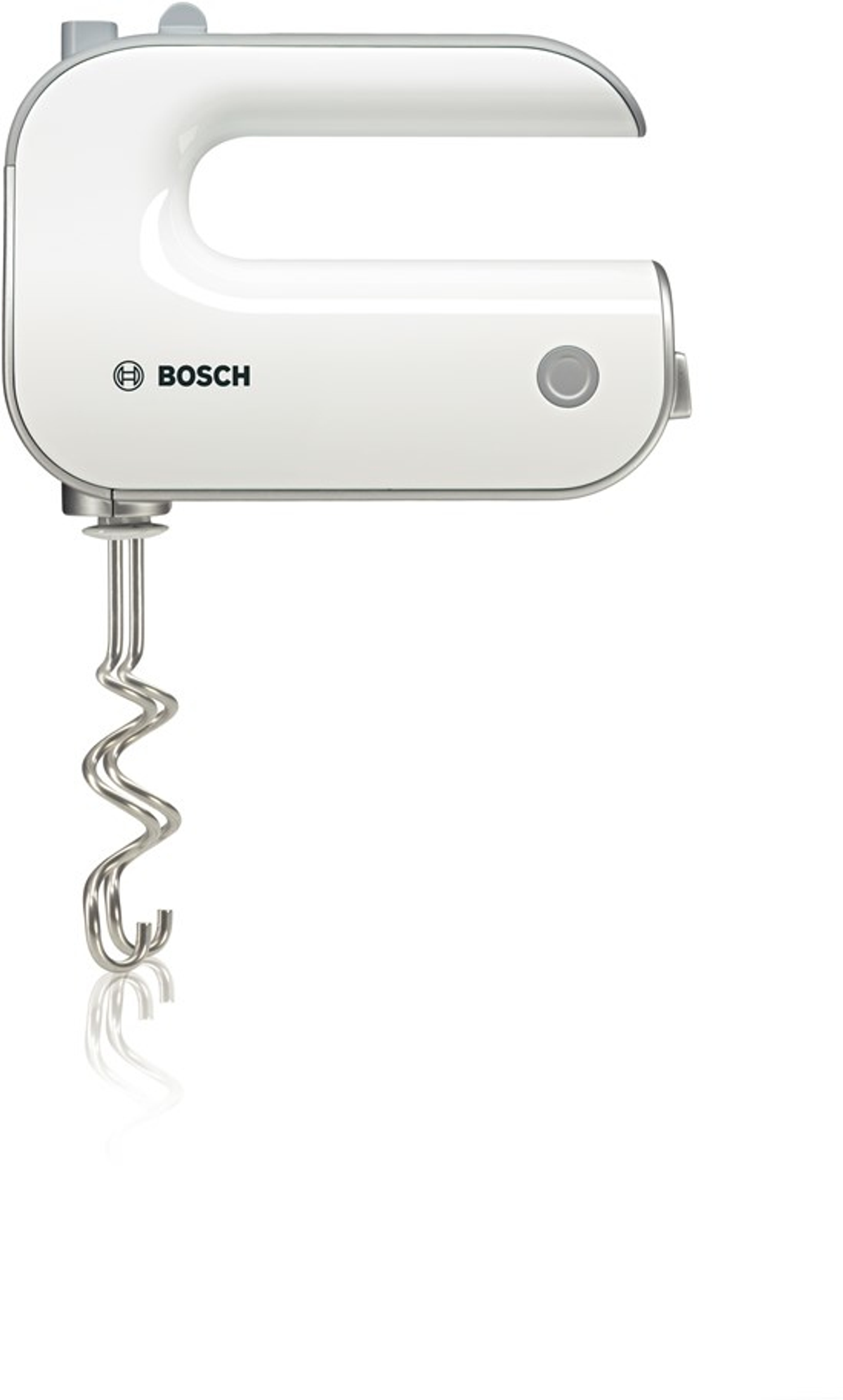 Frullatore a mano bianco con frusta argentata, logo 'BOSCH' e sfondo bianco.