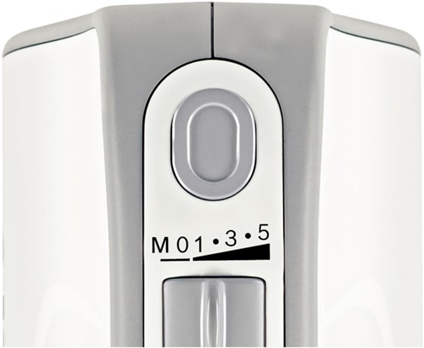 Pulsanti di controllo velocità frullatore a immersione. Impostazioni M, 0, 1, 3, 5. Schema colori bianco e grigio.