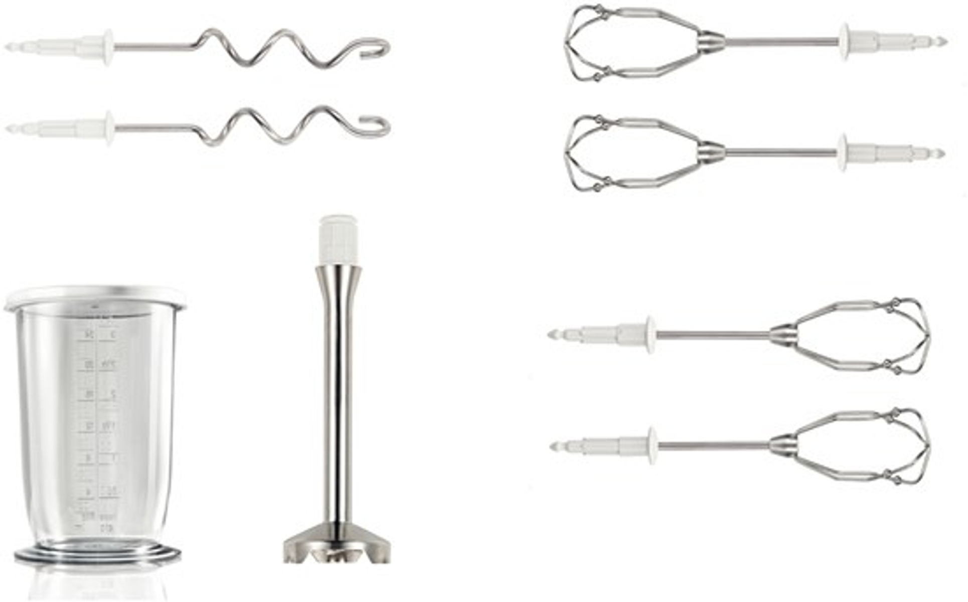 Accessori per mixer, tra cui fruste, un'asta miscelatrice e un misurino.