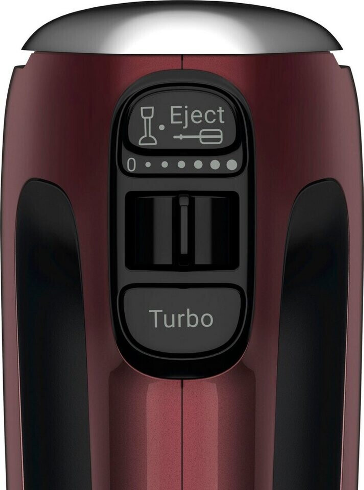 Primer plano de una licuadora granate con botones 'Eject' y 'Turbo'.
