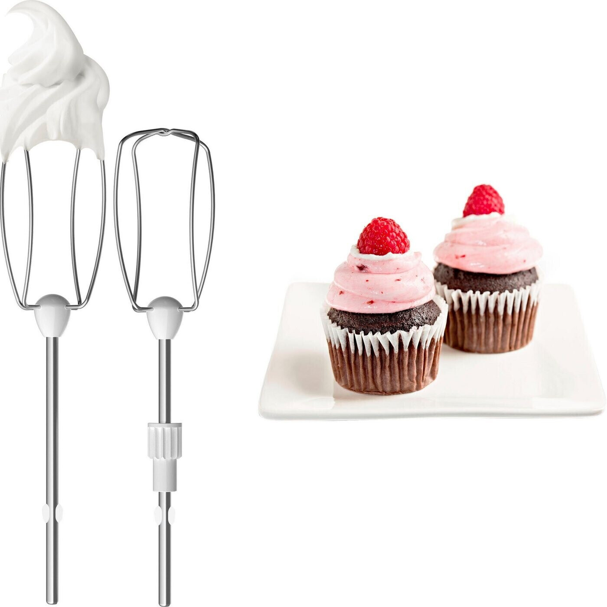 Batidores de batidora con crema batida y dos cupcakes con glaseado rosa y frambuesa.
