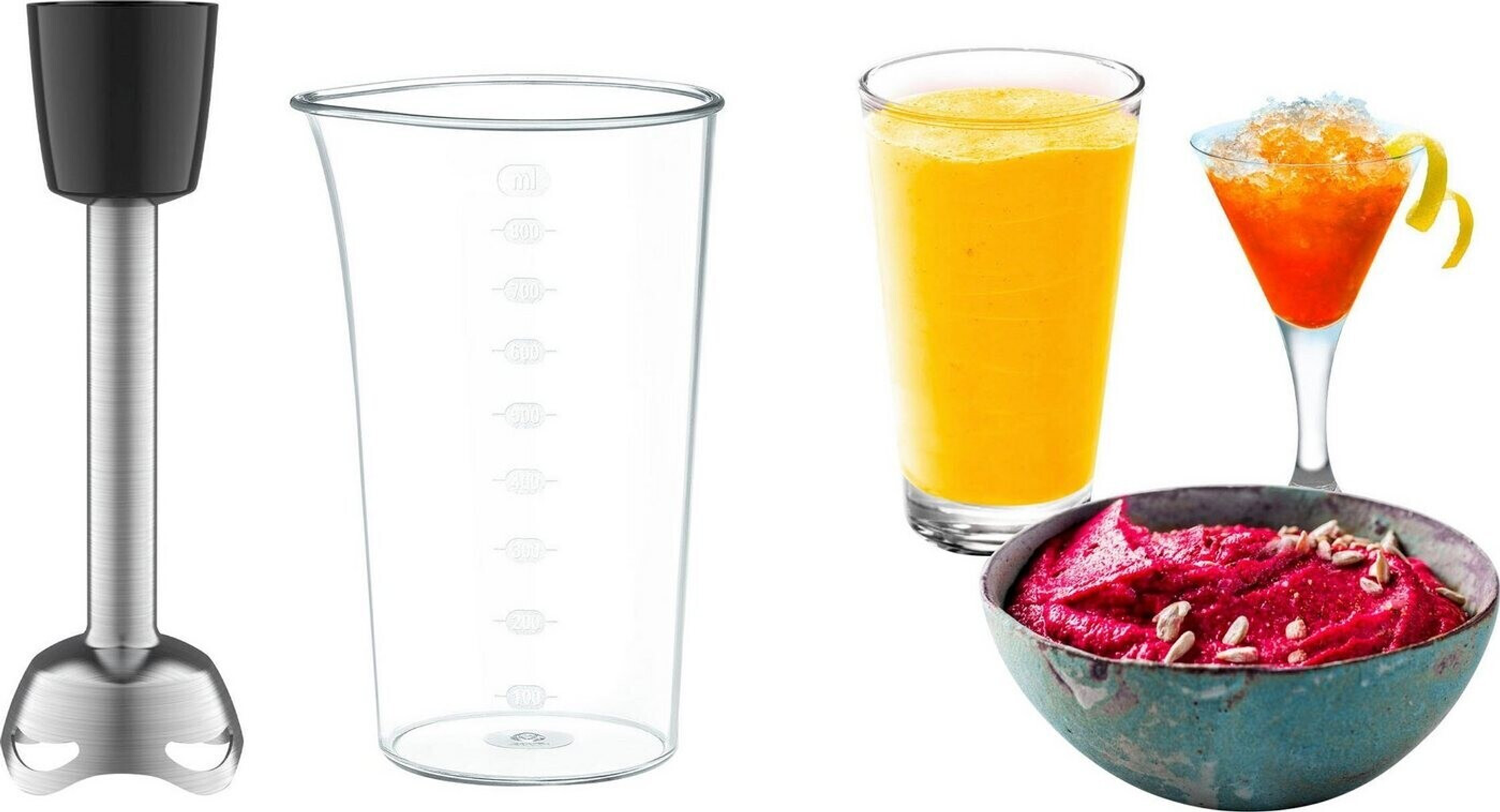 Batidora de inmersión, taza medidora, vaso de jugo y un tazón de comida. Fondo blanco.