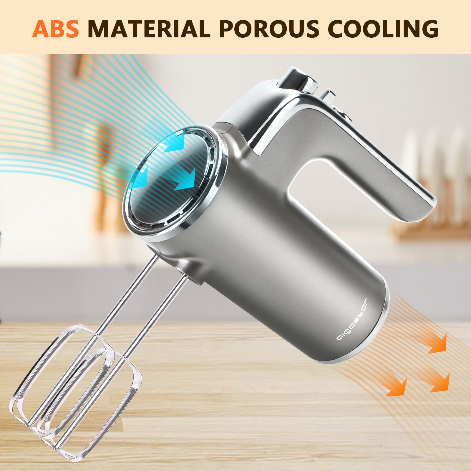 Batidora de mano con cuerpo gris y batidores plateados. Flechas que muestran el flujo de aire y enfriamiento.