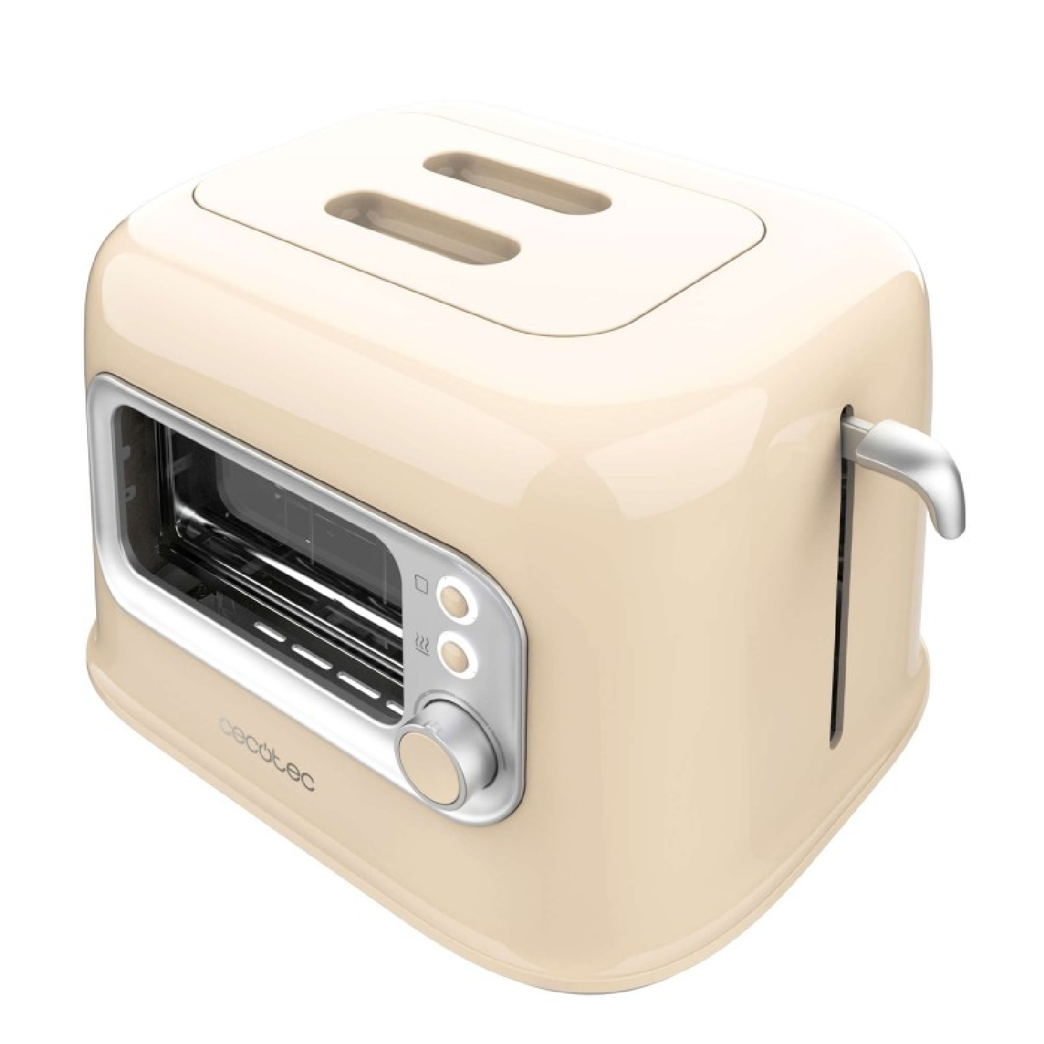 Cremefarbener Toaster. Er hat zwei Schlitze und einen Drehregler. Silberne Details. Weißer Hintergrund.