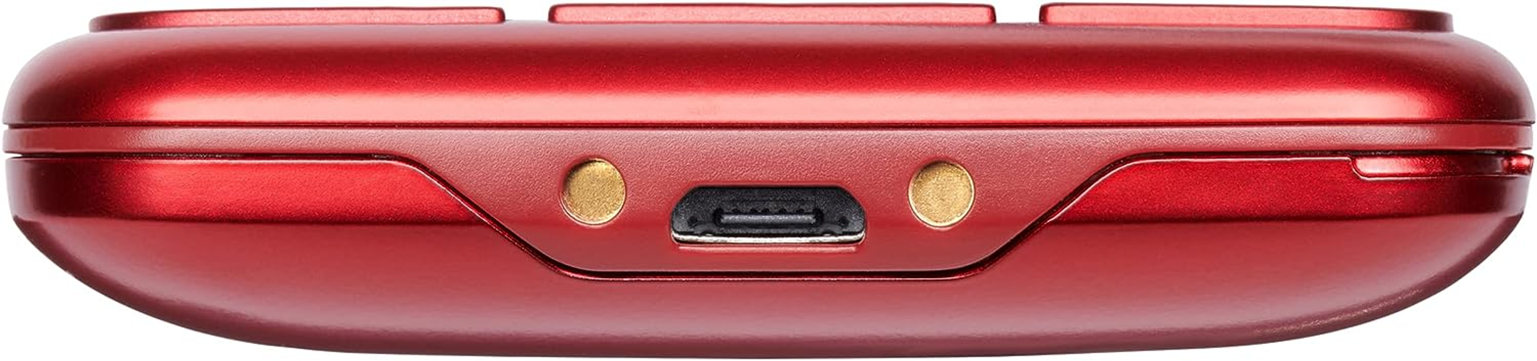 Rotes Gerät mit goldenen Knöpfen und Micro-USB-Anschluss. Das Gerät ist weißem Hintergrund.
