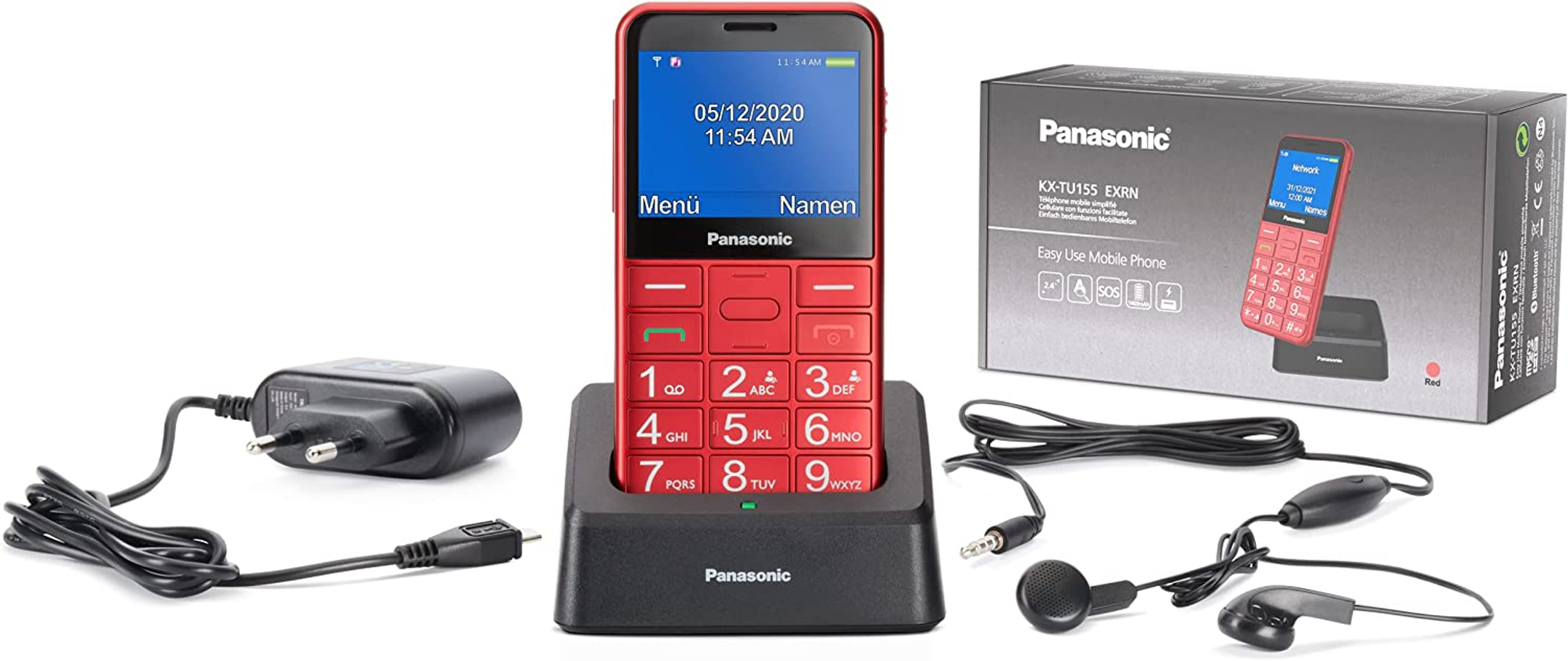 Rotes Panasonic-Telefon, Ladegerät, Ständer, Kopfhörer und Box. Anzeige zeigt die Uhrzeit. Weißer Hintergrund.