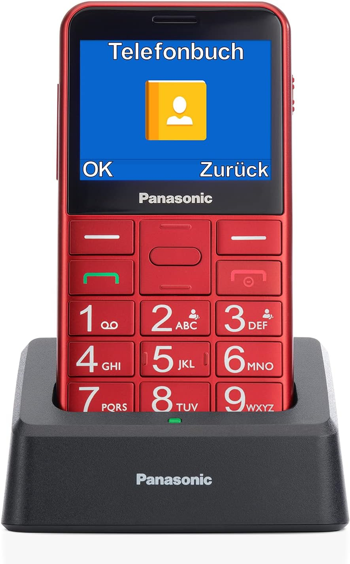 Rotes Panasonic-Telefon in einer Ladestation. Der Bildschirm zeigt ein Telefonbuchsymbol und Text.