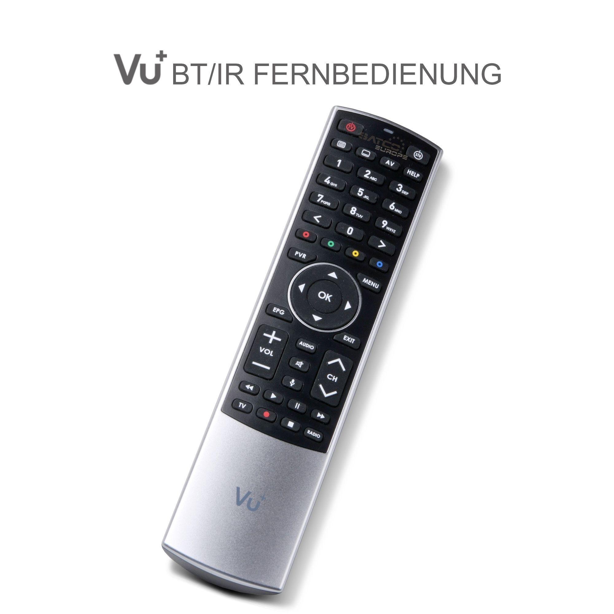 Eine schwarze Fernbedienung mit Tasten. Die Fernbedienung ist mit dem Markennamen Vu+ und anderem Text beschriftet.