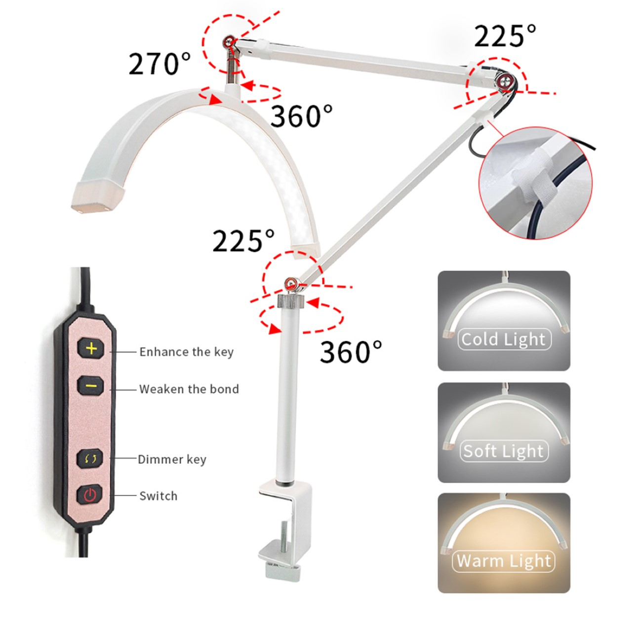 Weiße und silberne Schreibtischlampe, mit verstellbaren Winkeln und Bedienfeld. Weißer Hintergrund.