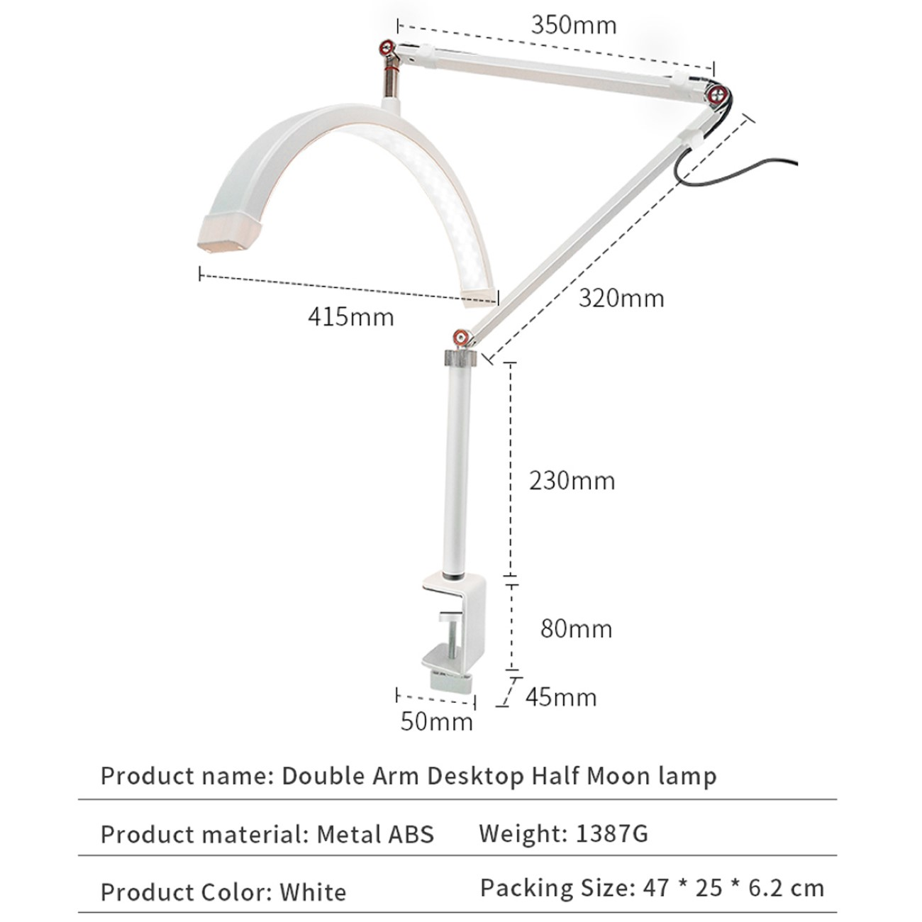 Eine weiße Schreibtischlampe mit Doppelarm, detaillierten Abmessungen und Spezifikationen.