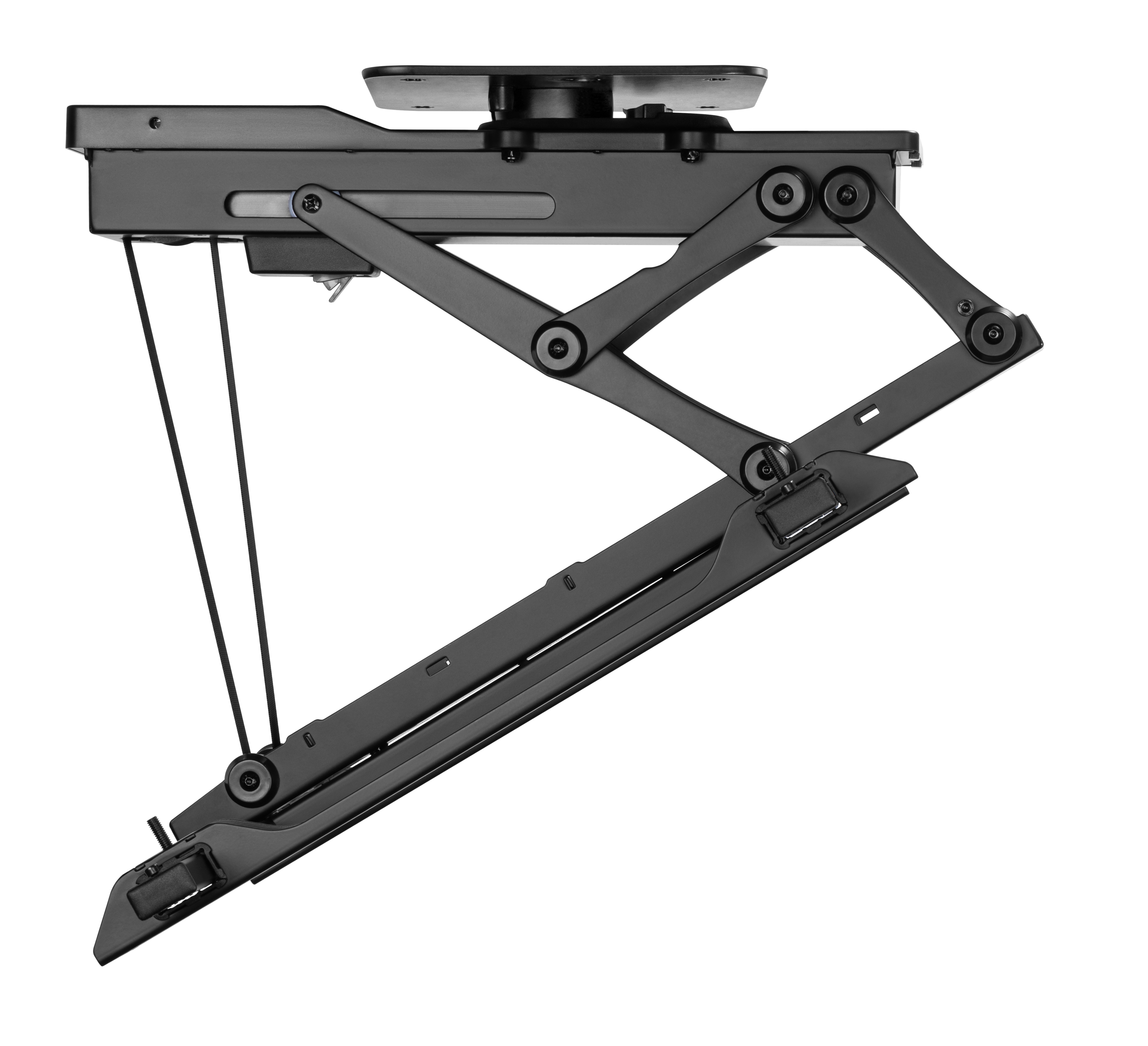 Schwarze Deckenhalterung für einen Projektor, mit Kabeln und Mechanismen, isoliert auf Weiß.