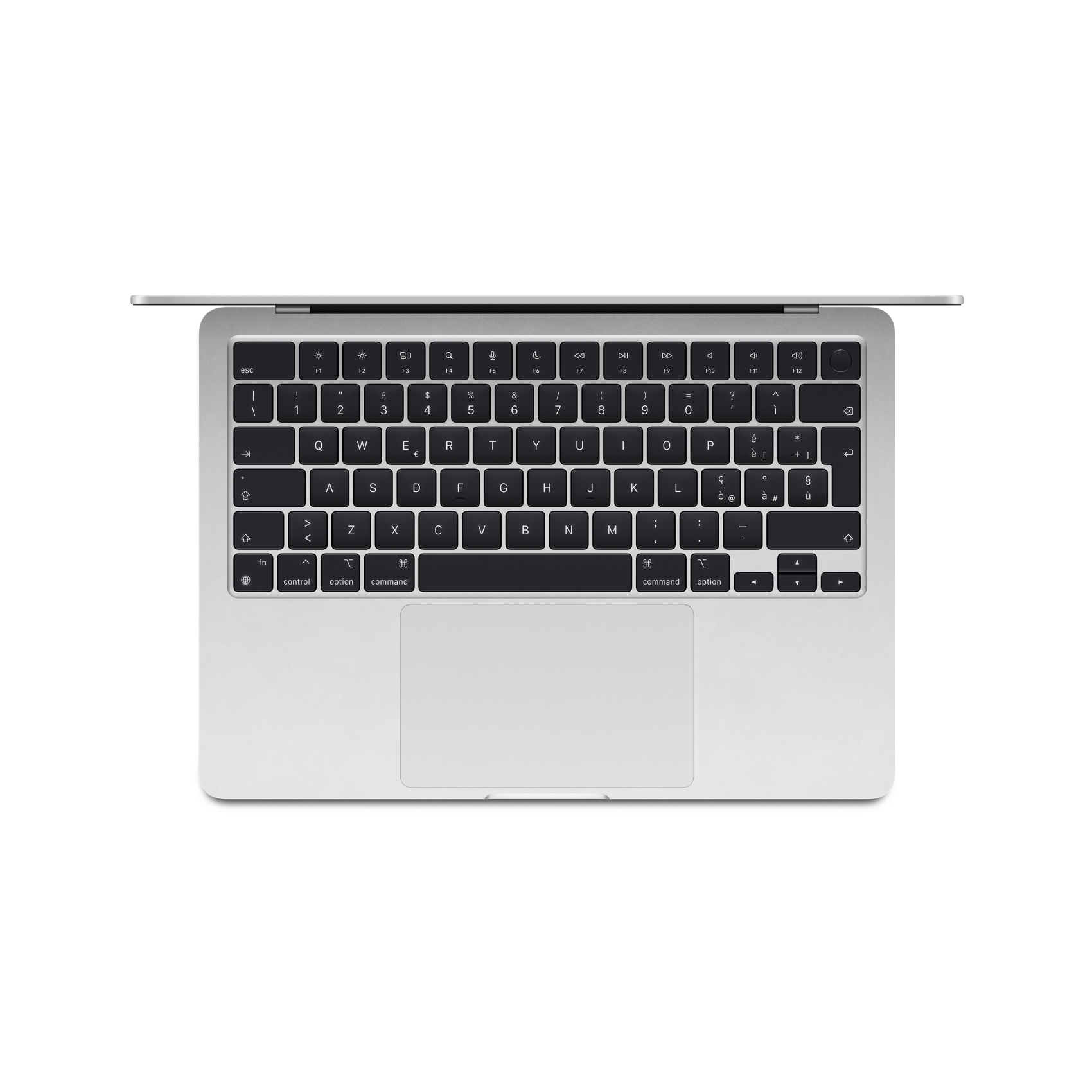 Silberne MacBook-Tastatur, Draufsicht. Tasten sind schwarz, Text weiß. Touchpad unten.