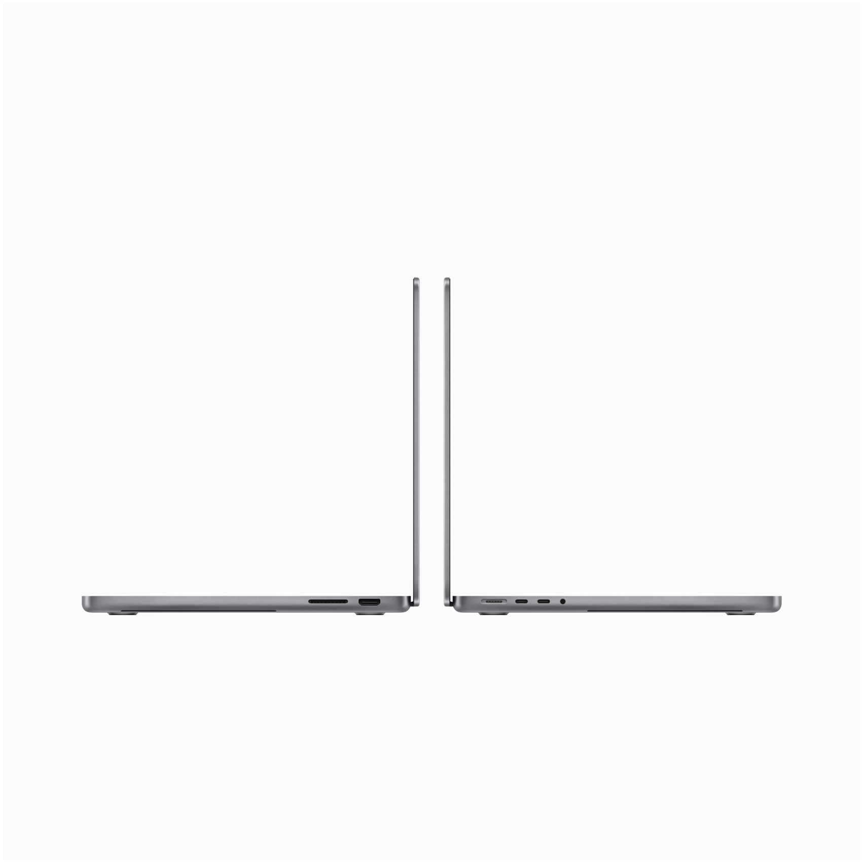 Zwei graue Laptops, Seitenansicht, zueinander geneigt, vor weißem Hintergrund.
