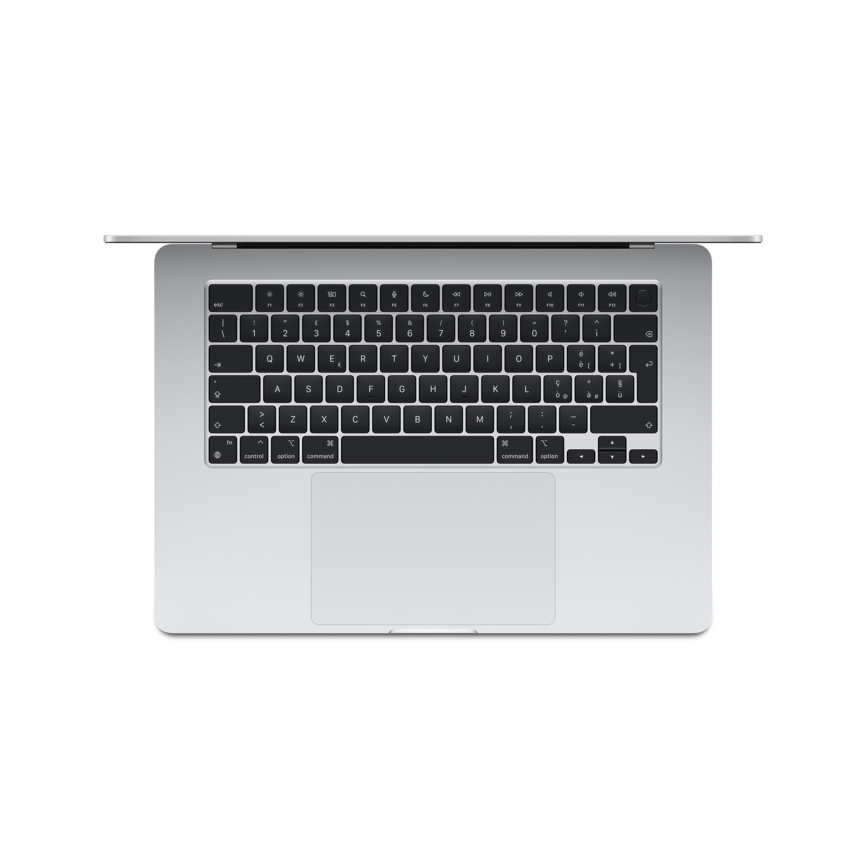 Draufsicht auf einen silbernen Laptop mit Tastatur und Trackpad, weißer Hintergrund.