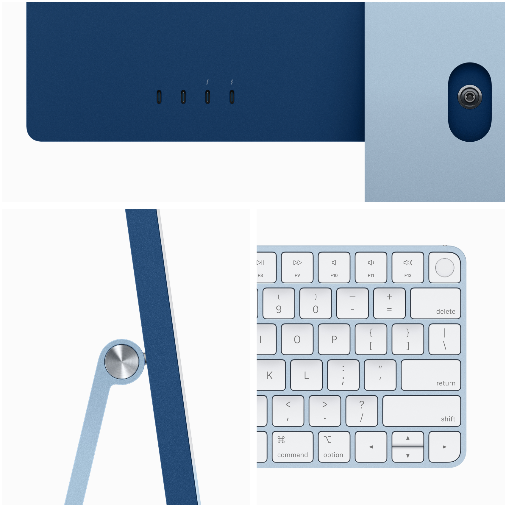 Nahaufnahme eines blauen iMac mit Anschlüssen, einem Ständer und einer Tastatur.