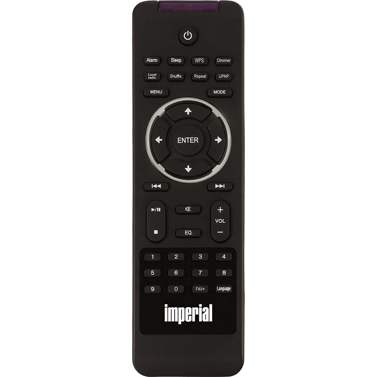 Czarny pilot z wieloma przyciskami i białym logo, na białym tle.