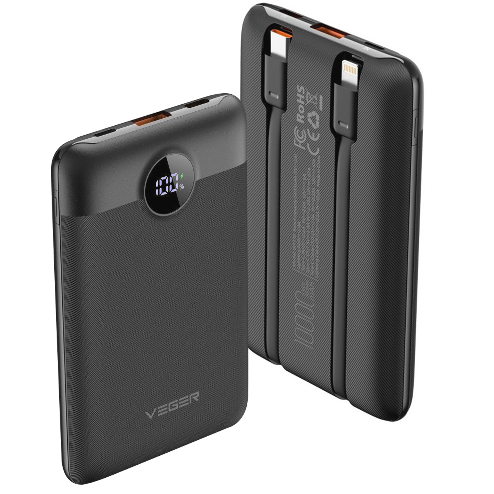 Zwei schwarze Powerbanks mit angeschlossenen Kabeln.