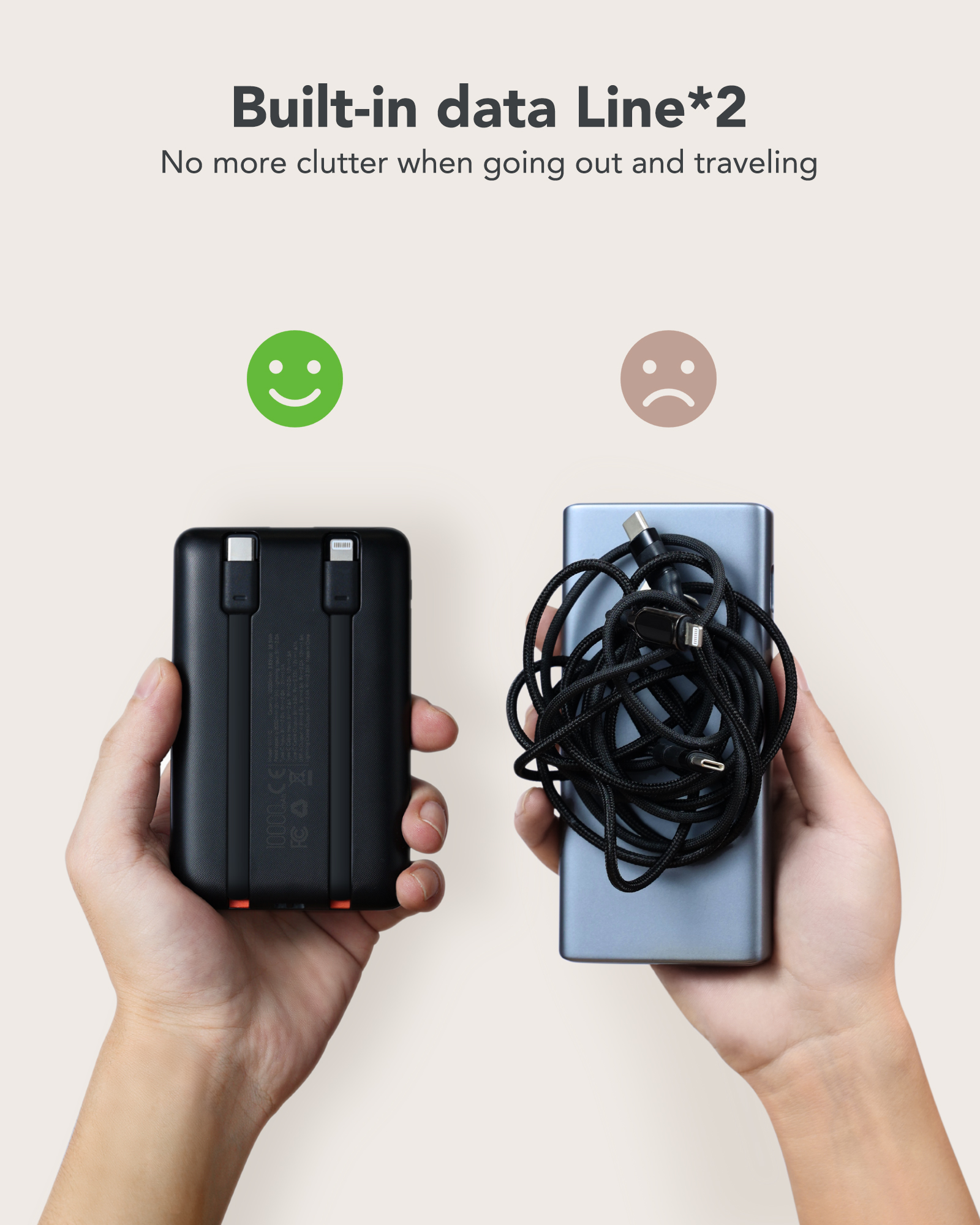 Eine schwarze und eine blaue Powerbank, daneben ein grünes Smiley und ein trauriges Gesicht.