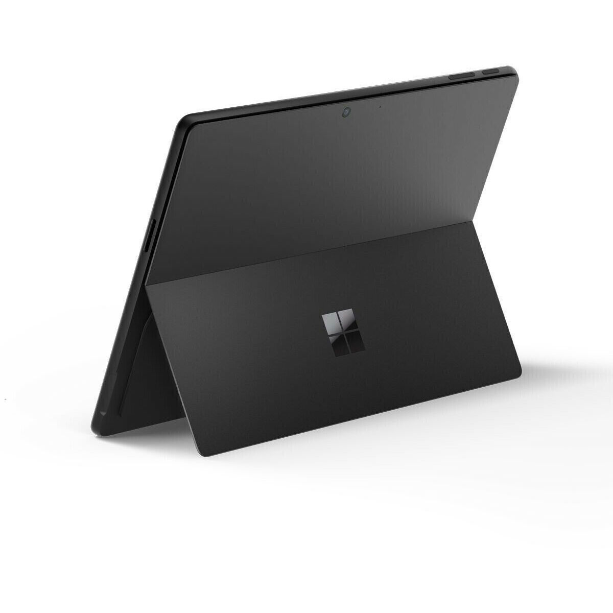 Czarny tablet z podpórką. Widoczne logo Microsoft. Tablet jest lekko pochylony.