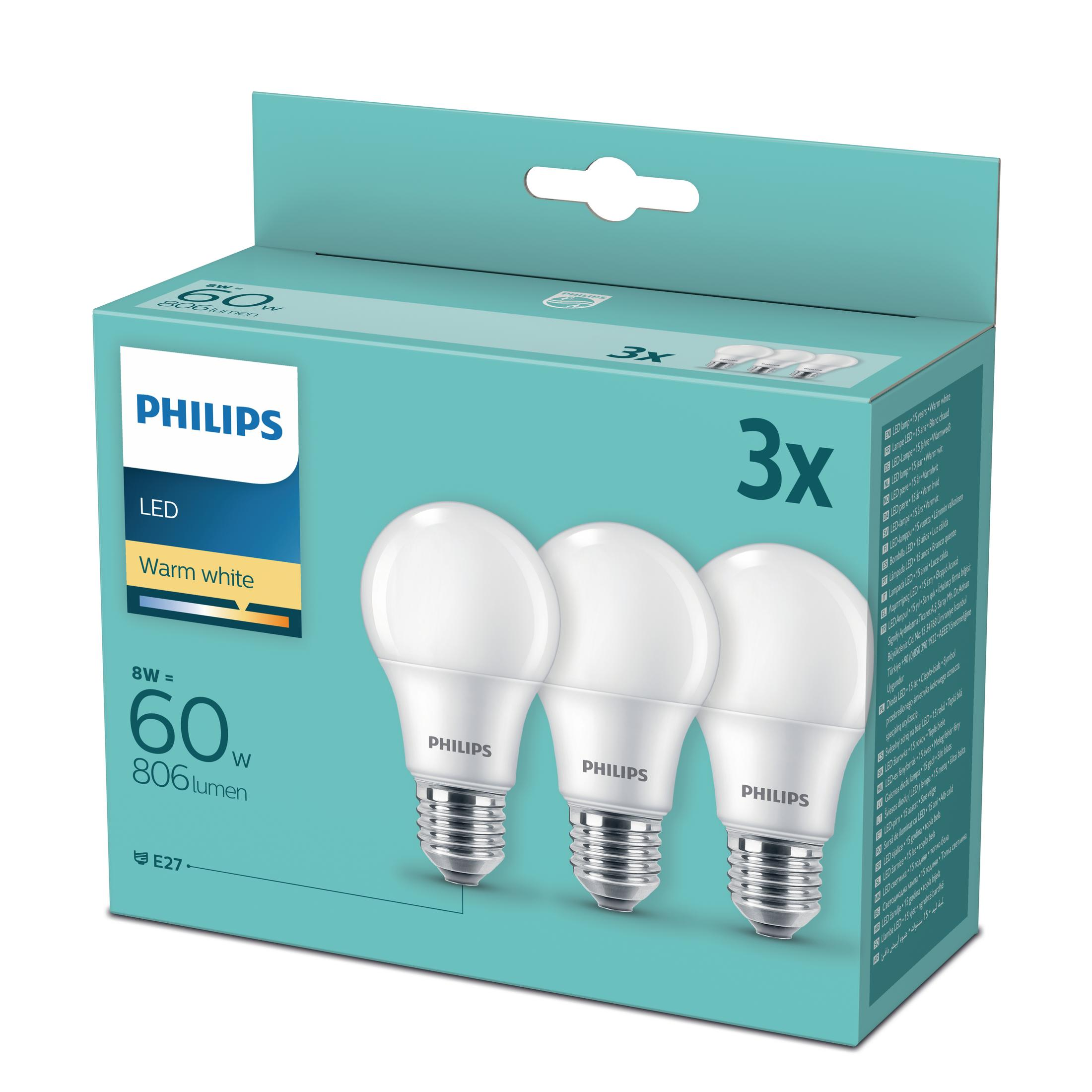 Packung mit drei LED-Glühbirnen, warmweiß, 8W, 60W-Äquivalent, E27-Sockel, in einer türkisfarbenen Box.