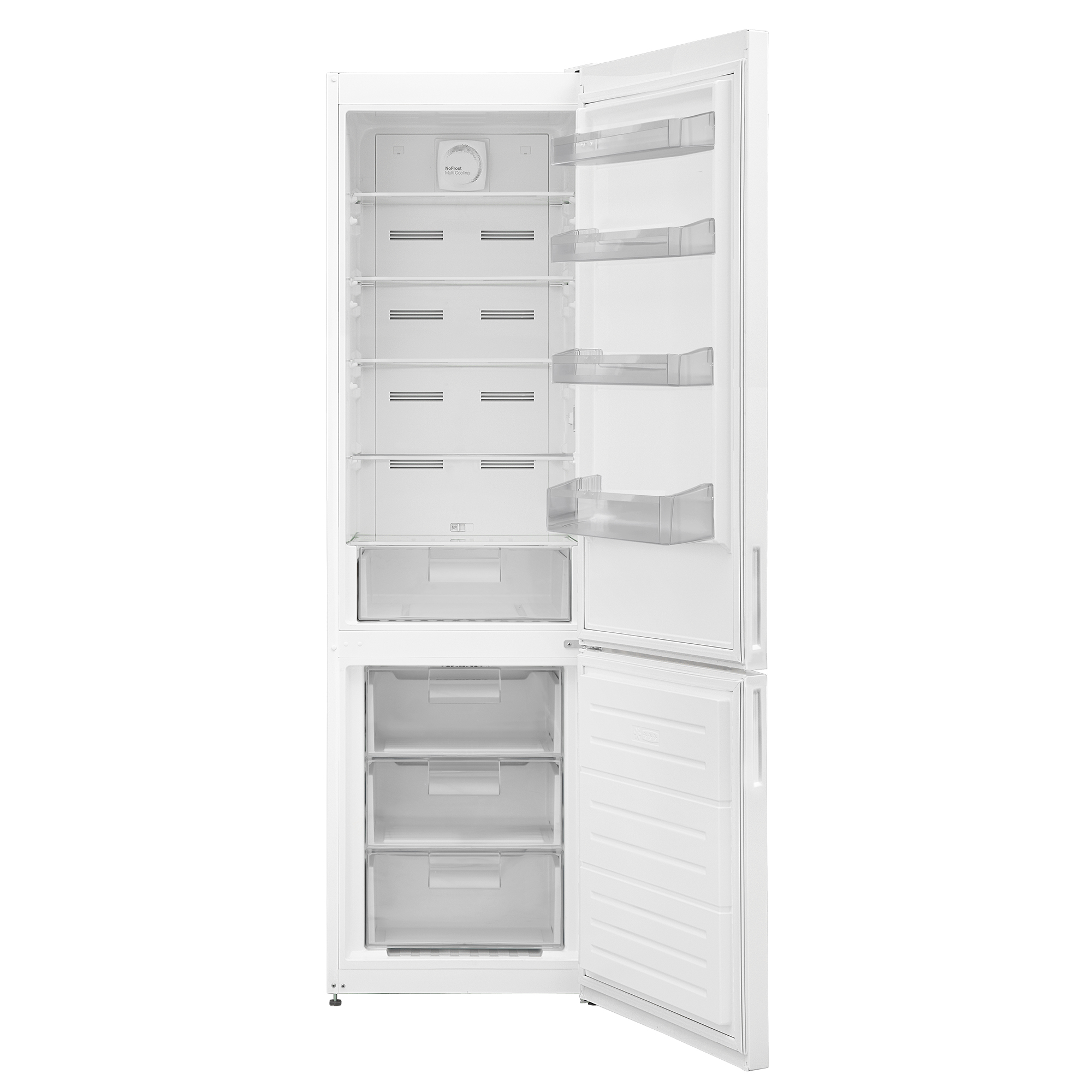 Refrigerador blanco con puertas abiertas. Interior muestra estantes y cajones.