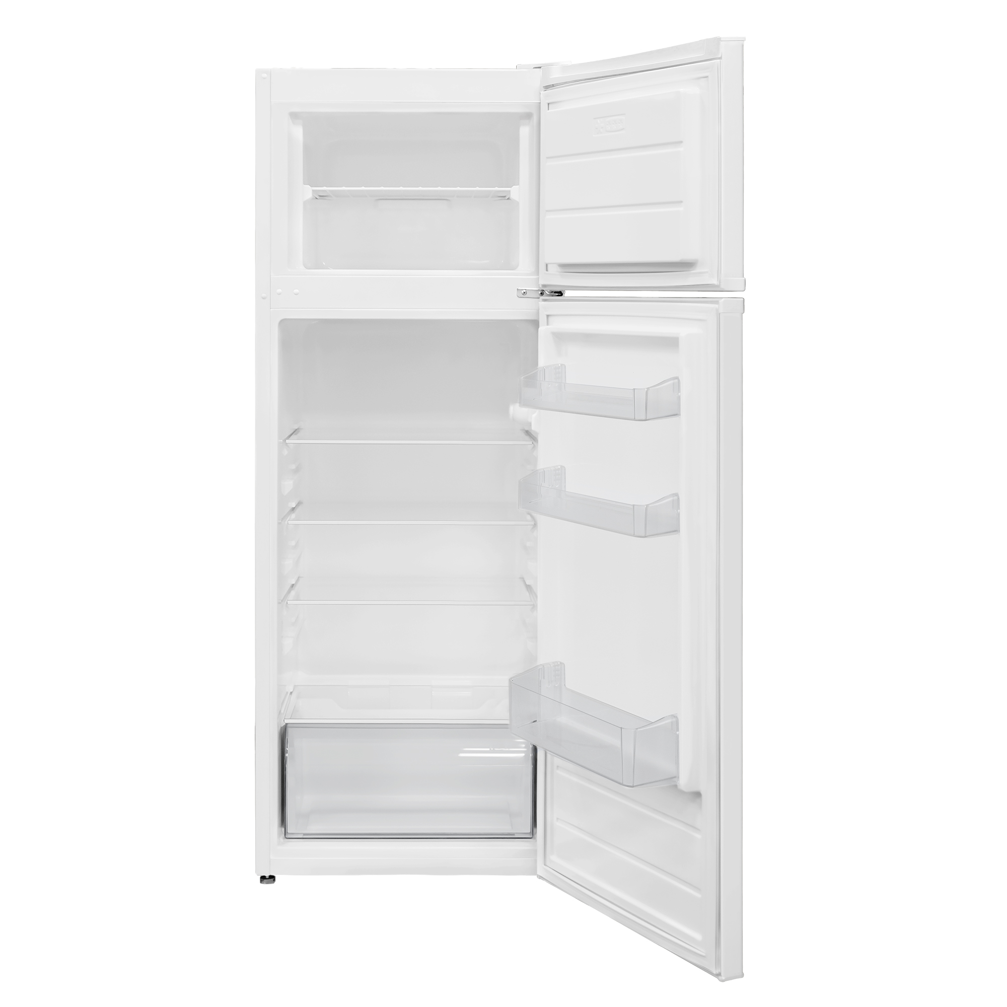 Un refrigerador blanco con las puertas abiertas, mostrando estantes y cajones dentro.