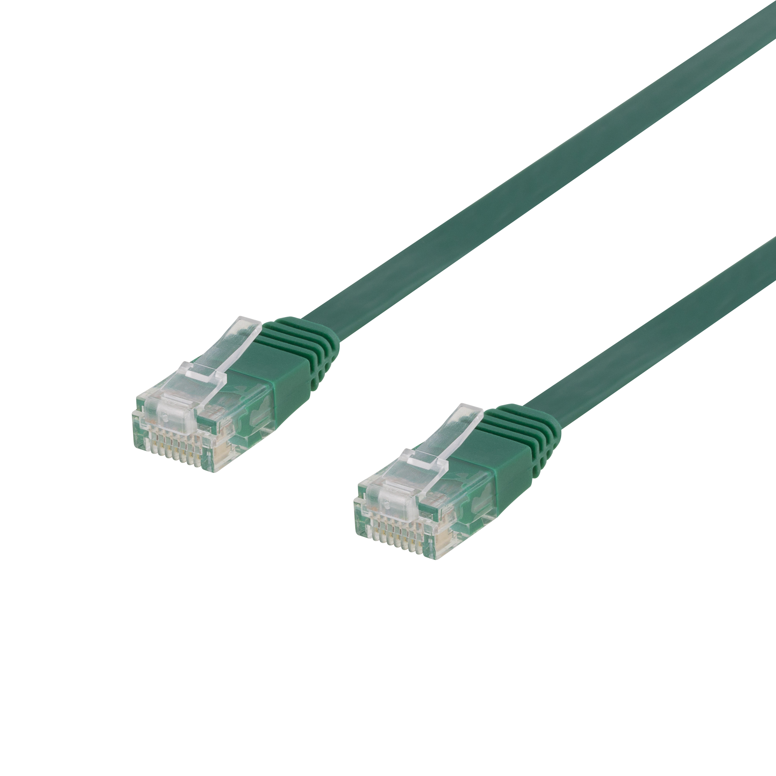Due cavi di rete verdi. Sono visibili due connettori RJ45. Lo sfondo è nero.