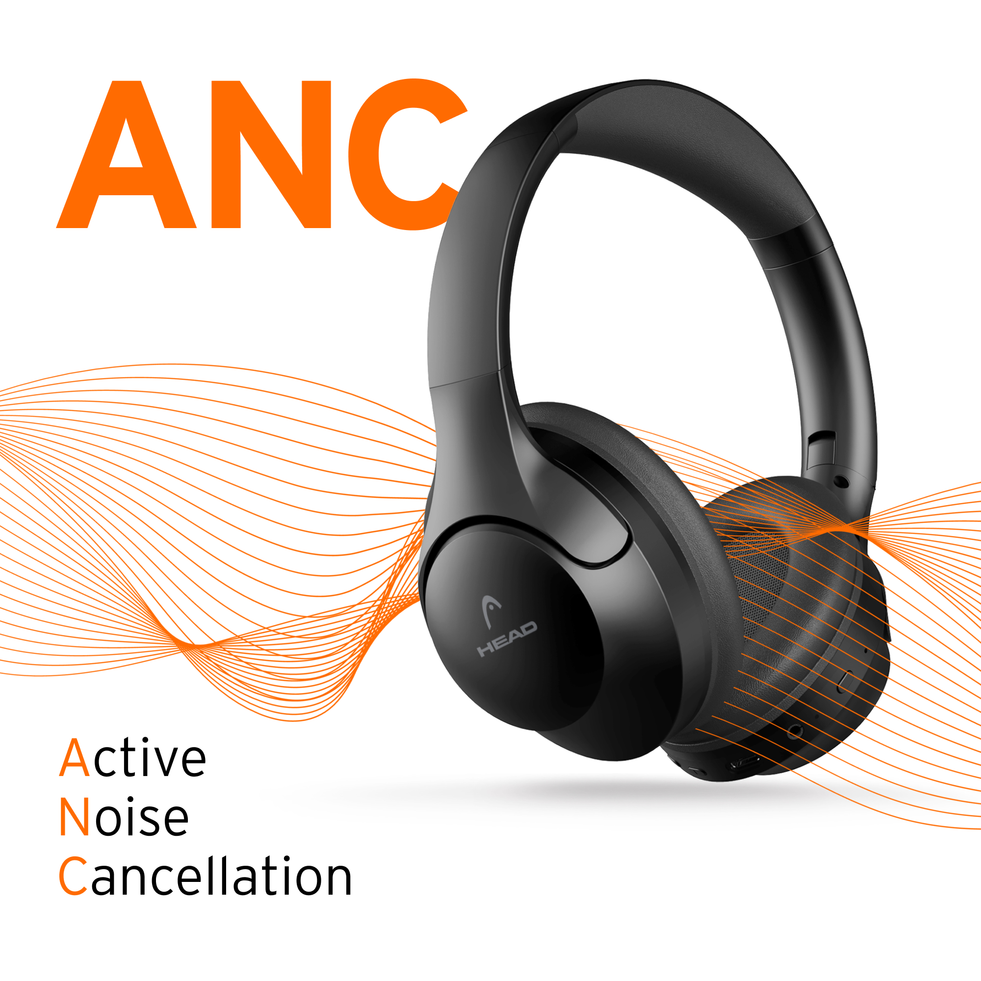 Cuffie nere con logo 'HEAD' e la parola ANC. Linee ondulate sullo sfondo. Testo Active Noise Cancellation.
