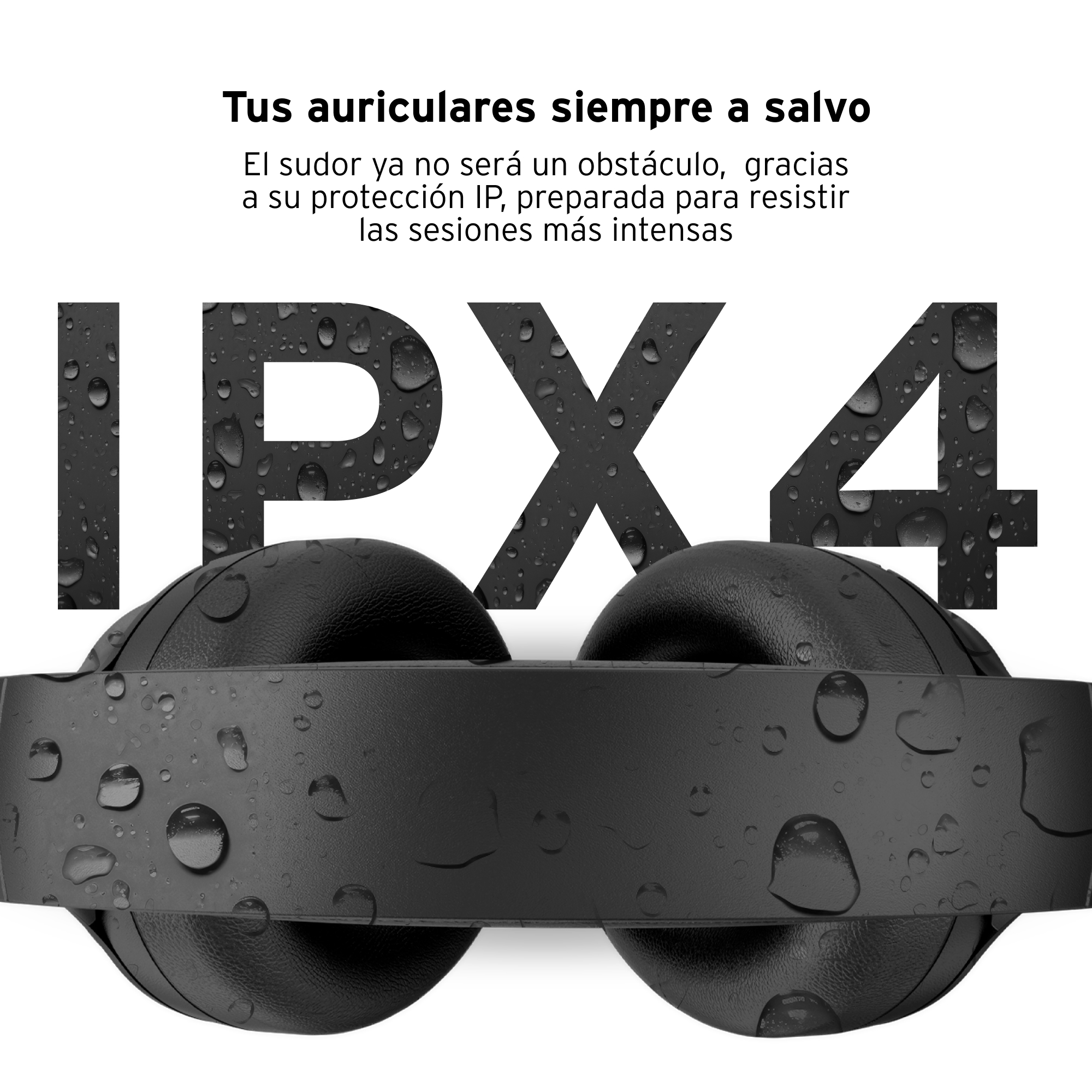 Cuffie nere con gocce d'acqua, testo IPX4 su sfondo bianco. Protegge dal sudore.