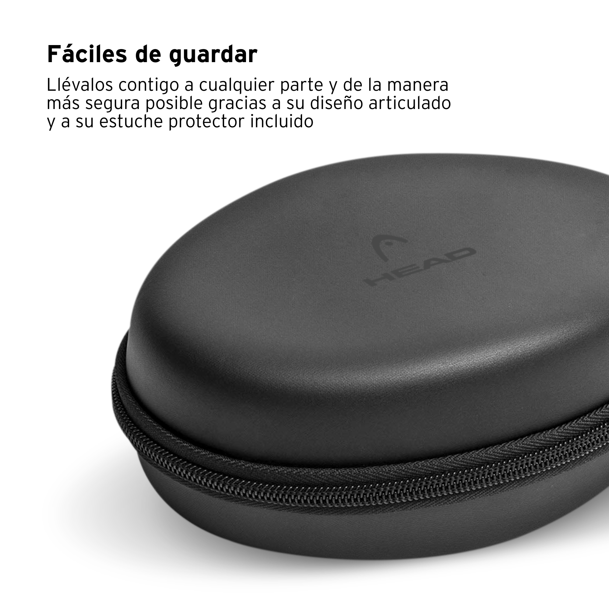 Custodia per cuffie nera con zip e logo 'HEAD', in spagnolo.