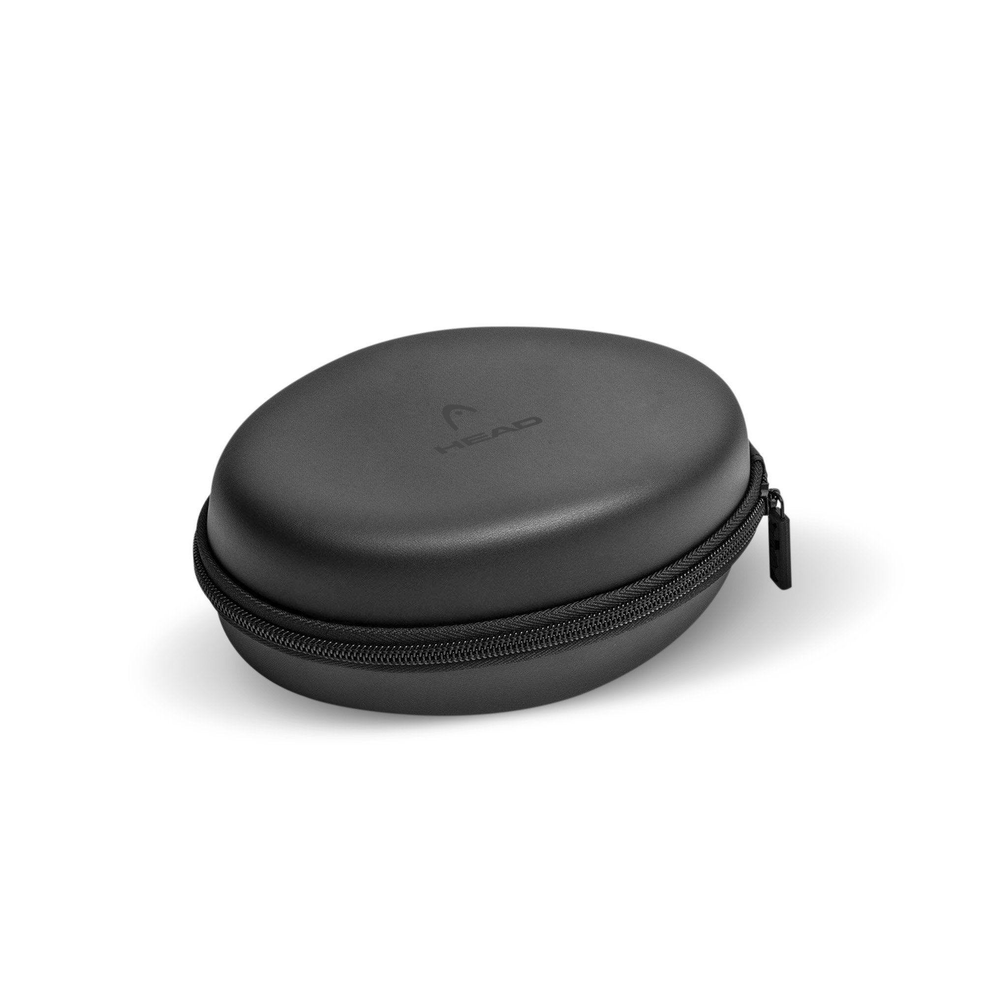 Custodia ovale nera per cuffie con zip, logo HEAD sopra, sfondo bianco.