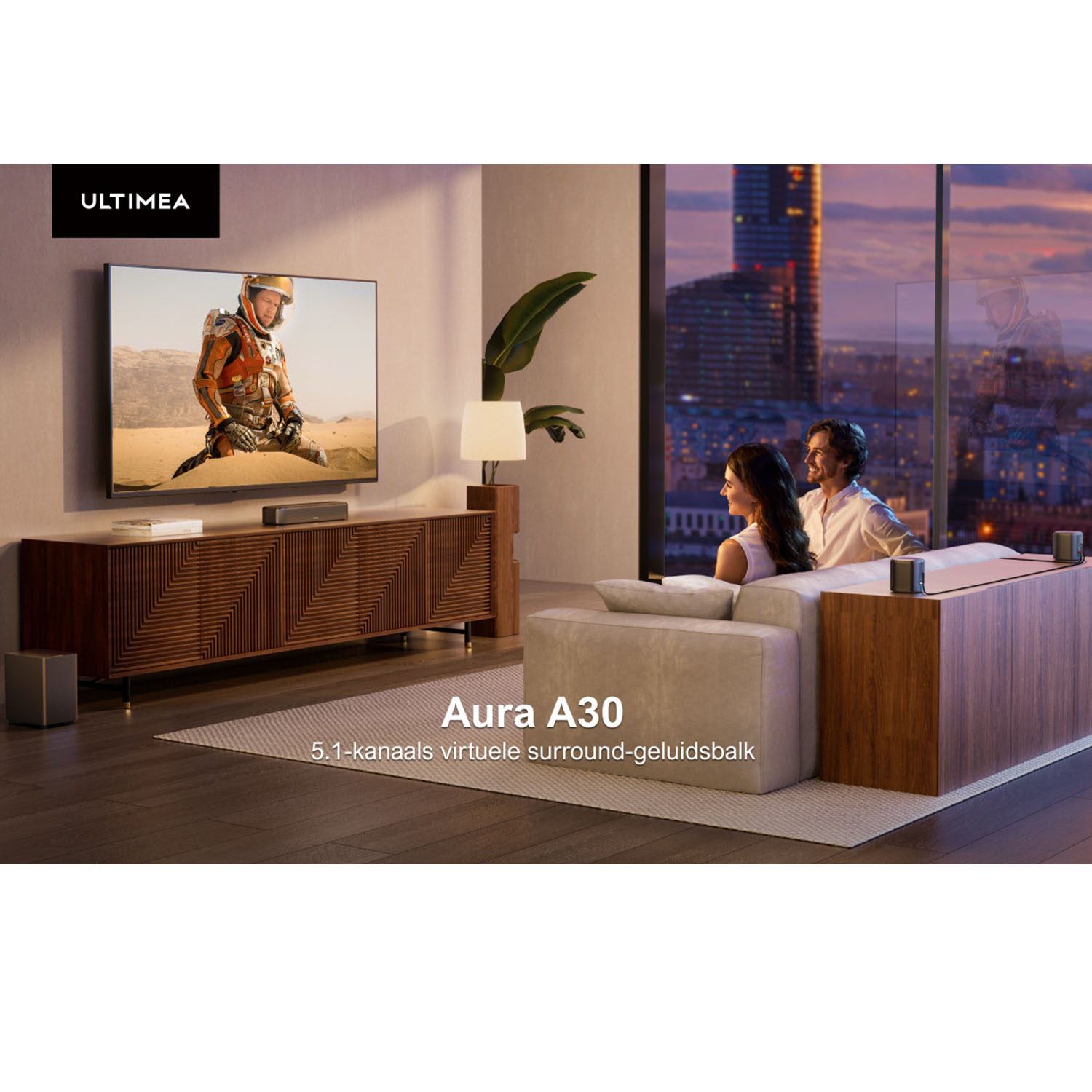 A living room scene. A TV displays an image. A couple sits on a couch. Sound bar on the wooden table.