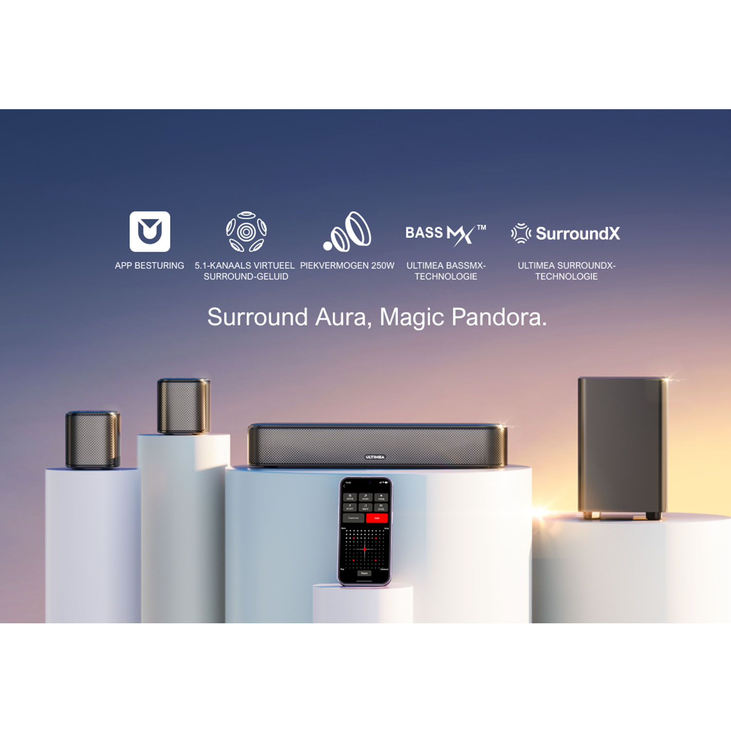 A soundbar with a remote, a speaker, and several icons of surround sound technology.