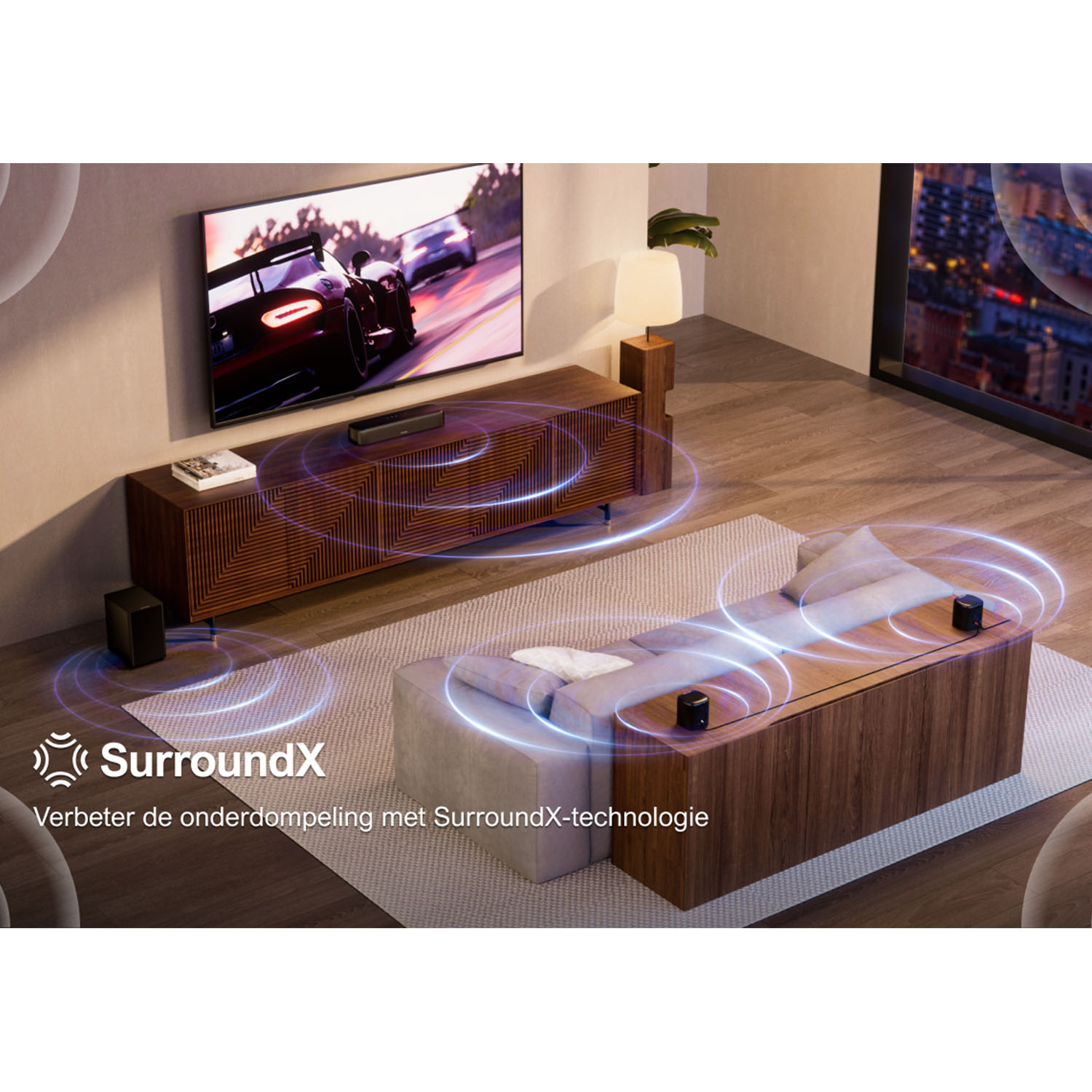 A room with a TV, soundbar, and speakers, with text about SurroundX technology.