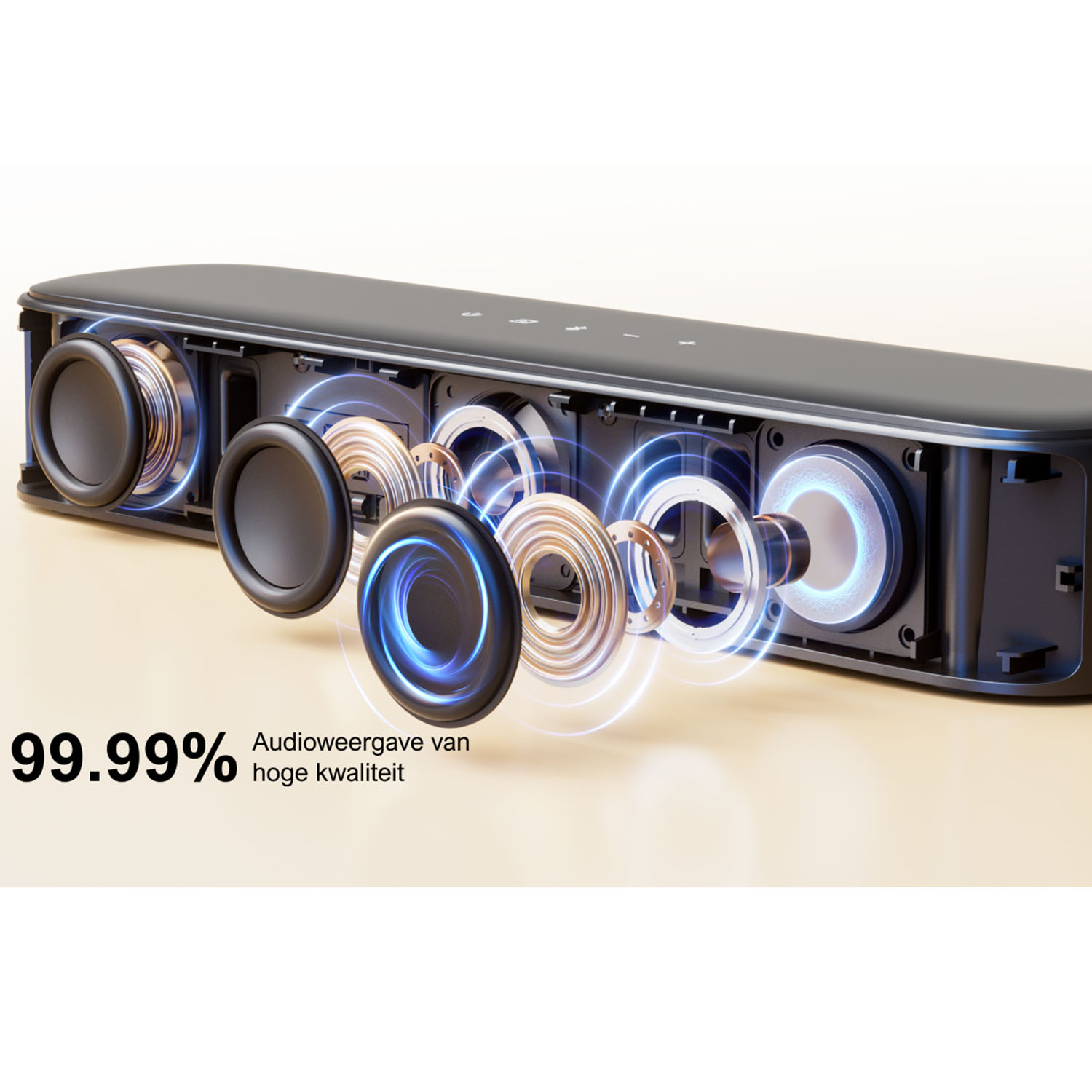 Sound bar with visible speakers and blue sound waves. A light background.