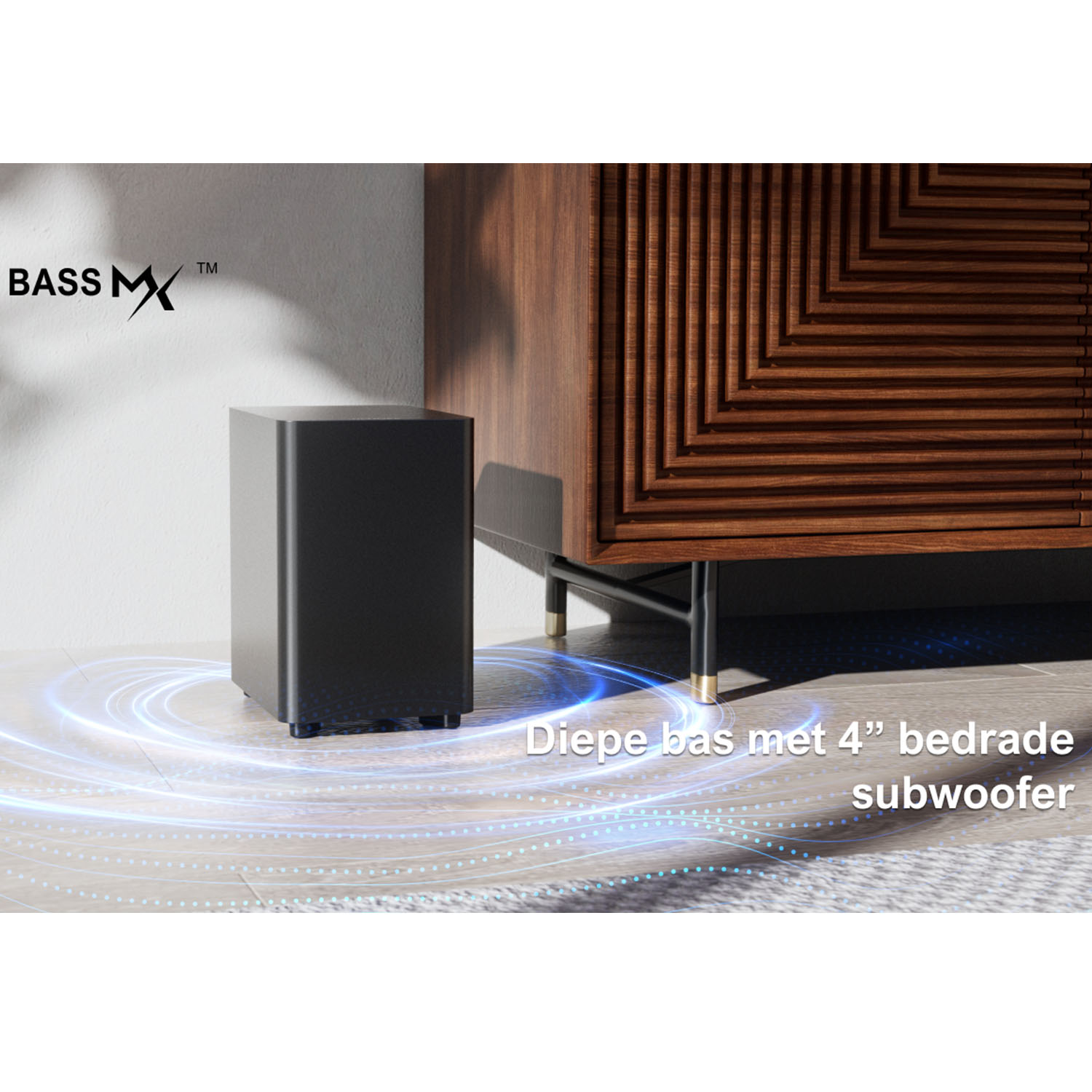 Black subwoofer on the floor. Text: 'Deep bass with 4" wired subwoofer' and blue light effects.